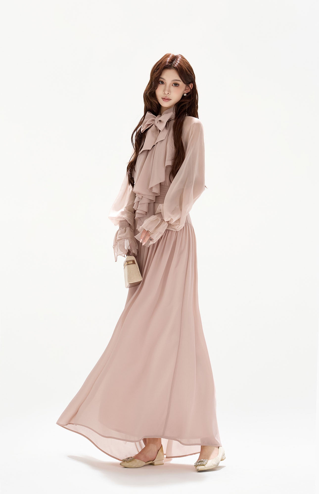 CYGNENOYR Ruffled Bow-Tie Chiffon Tiered Maxi Dress