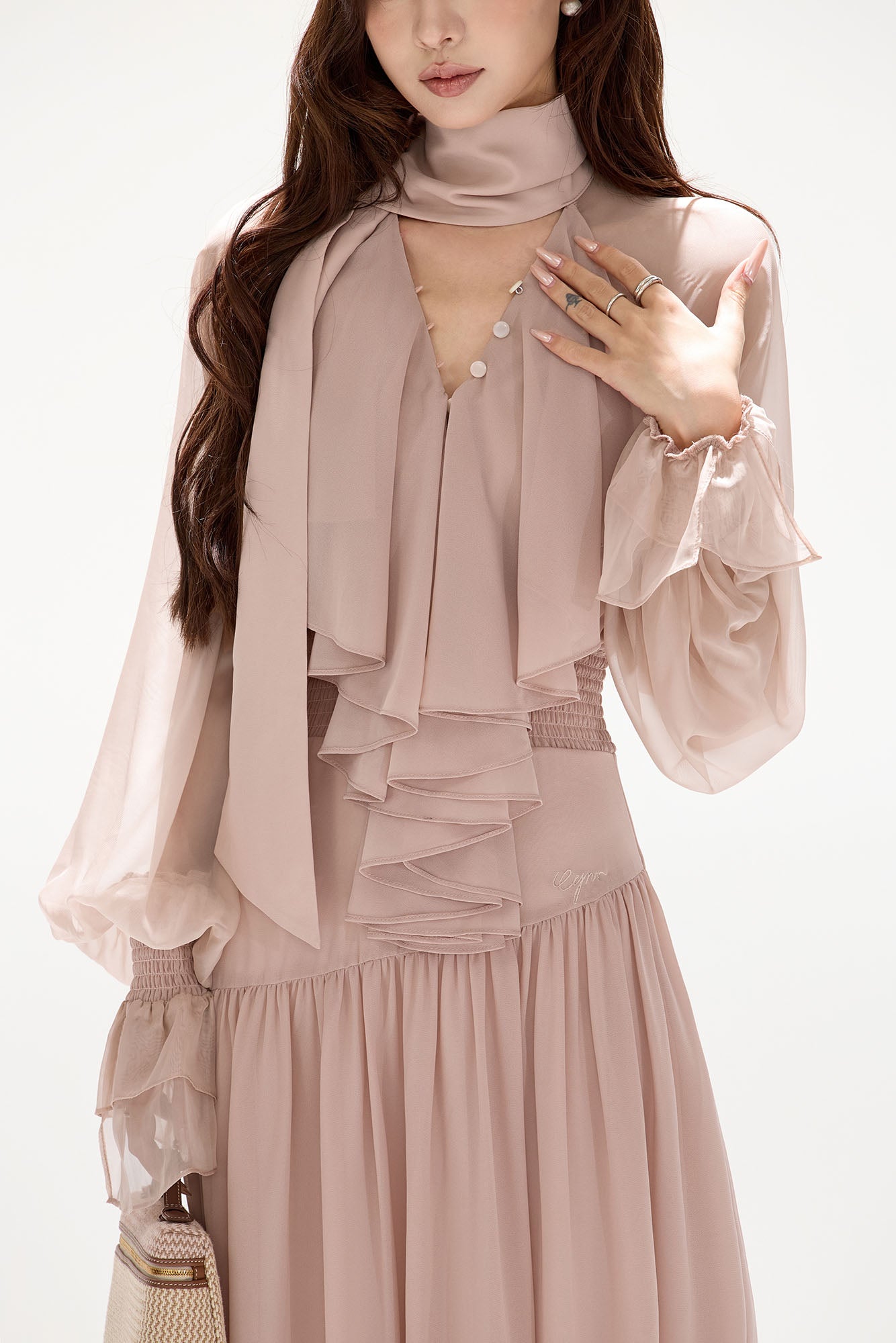 CYGNENOYR Ruffled Bow-Tie Chiffon Tiered Maxi Dress