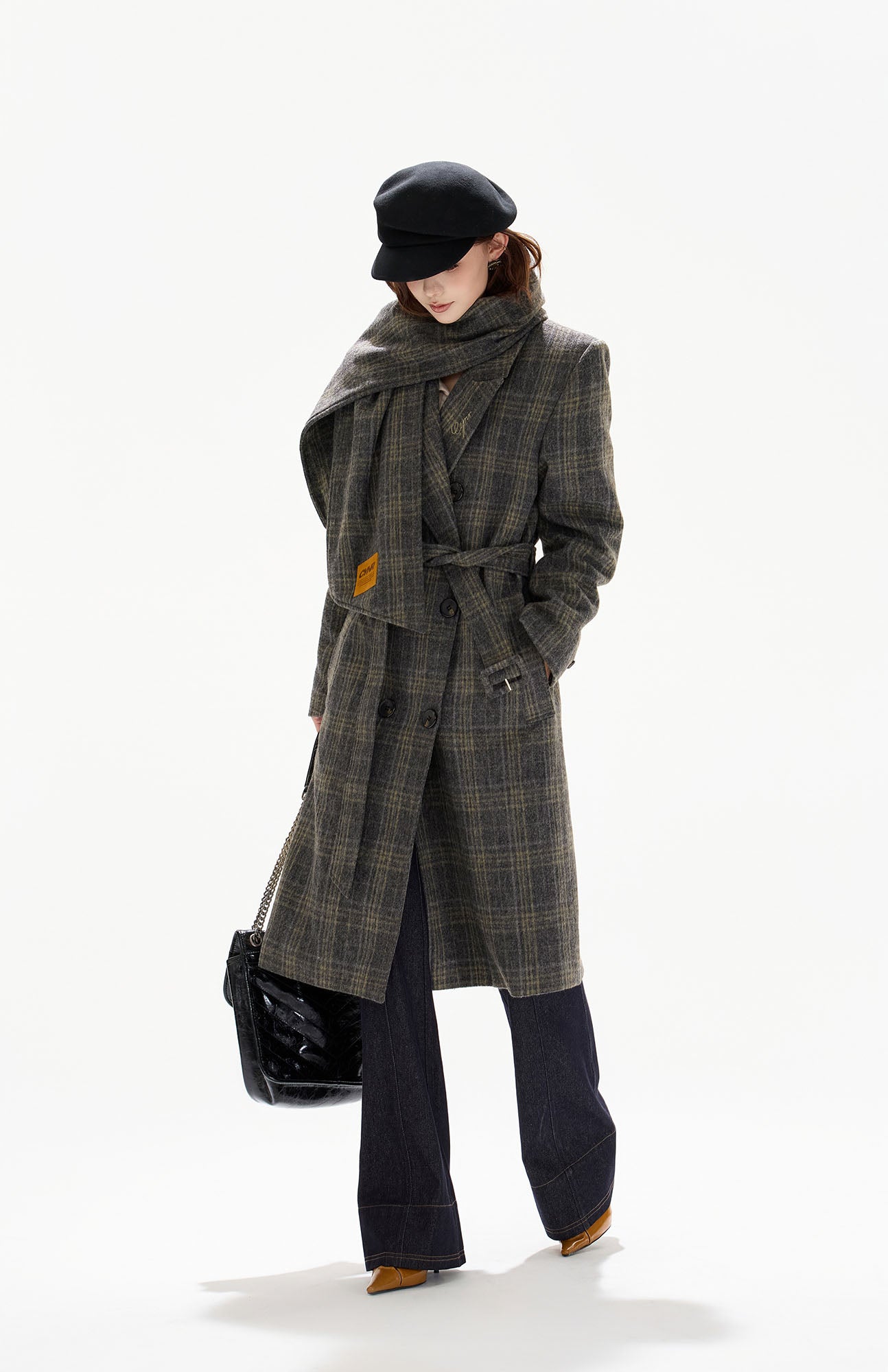 CYGNENOYR Detachable Scarf Plaid Wool-Blend Coat