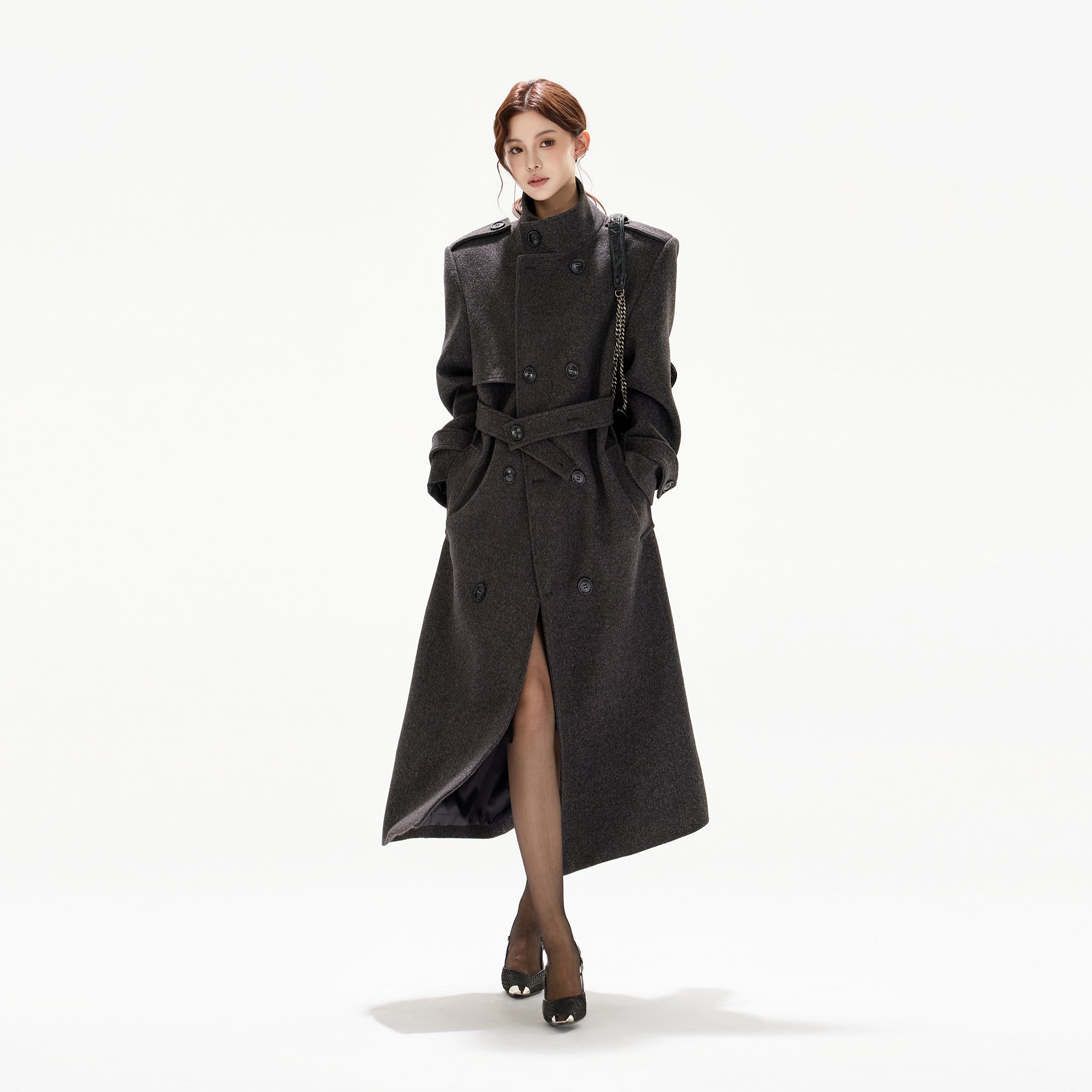 CYGNENOYR Classic Belted Wool-Blend Oversized Long Coat Gray