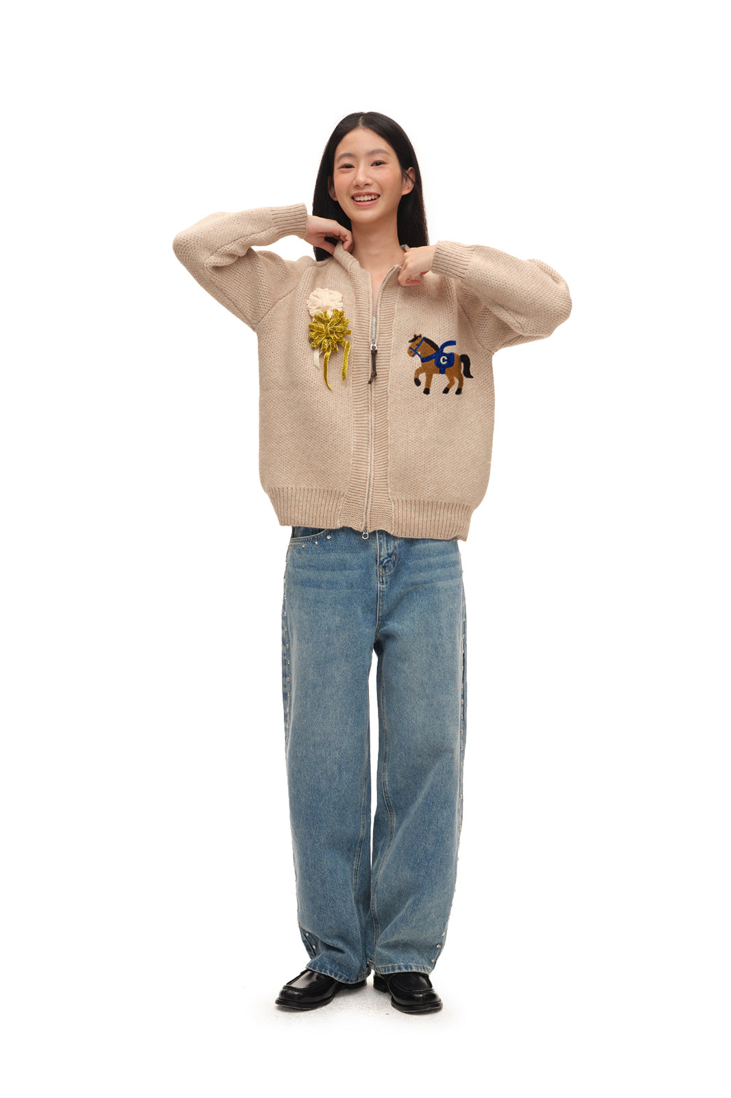 CHICCHICK Retro Horse Embroidered Crewneck Cardigan