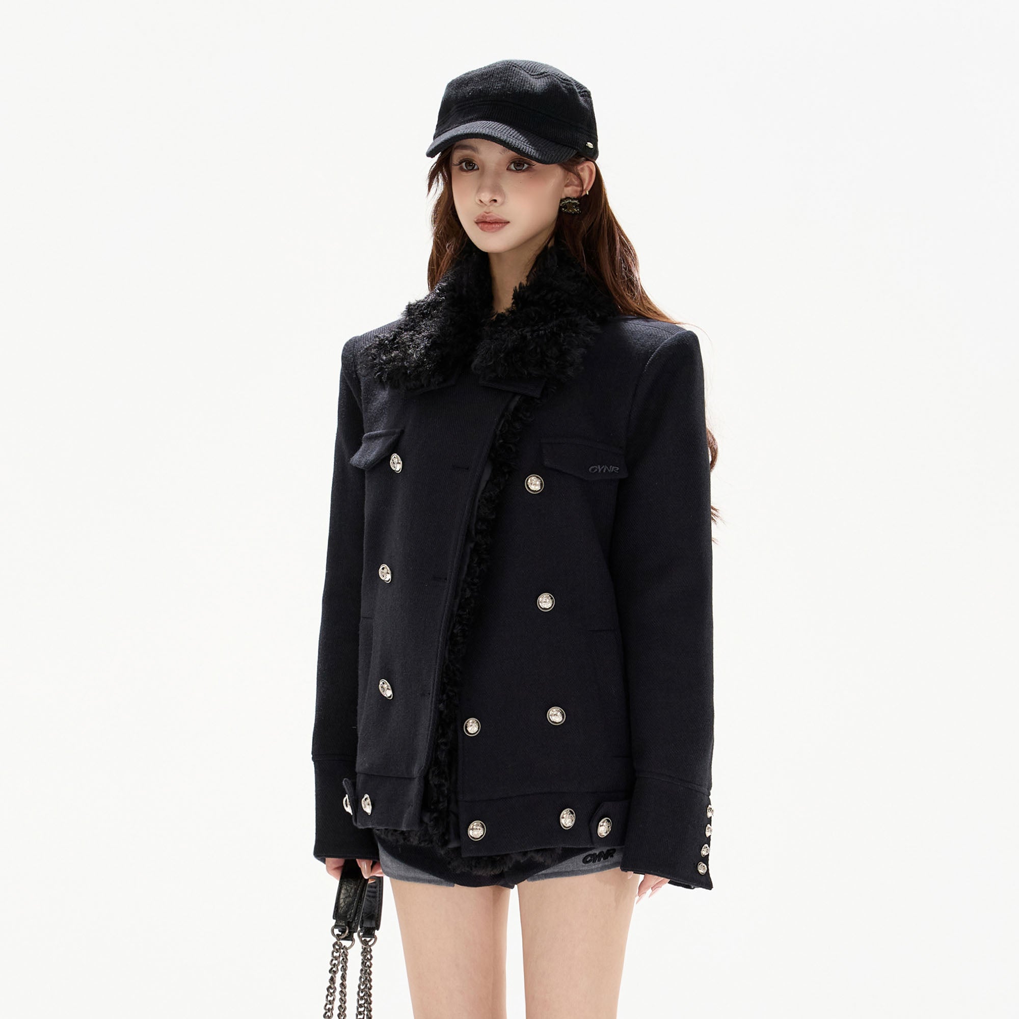 CYGNENOYR Detachable Faux-Fur Trim Double-Breasted Short Coat