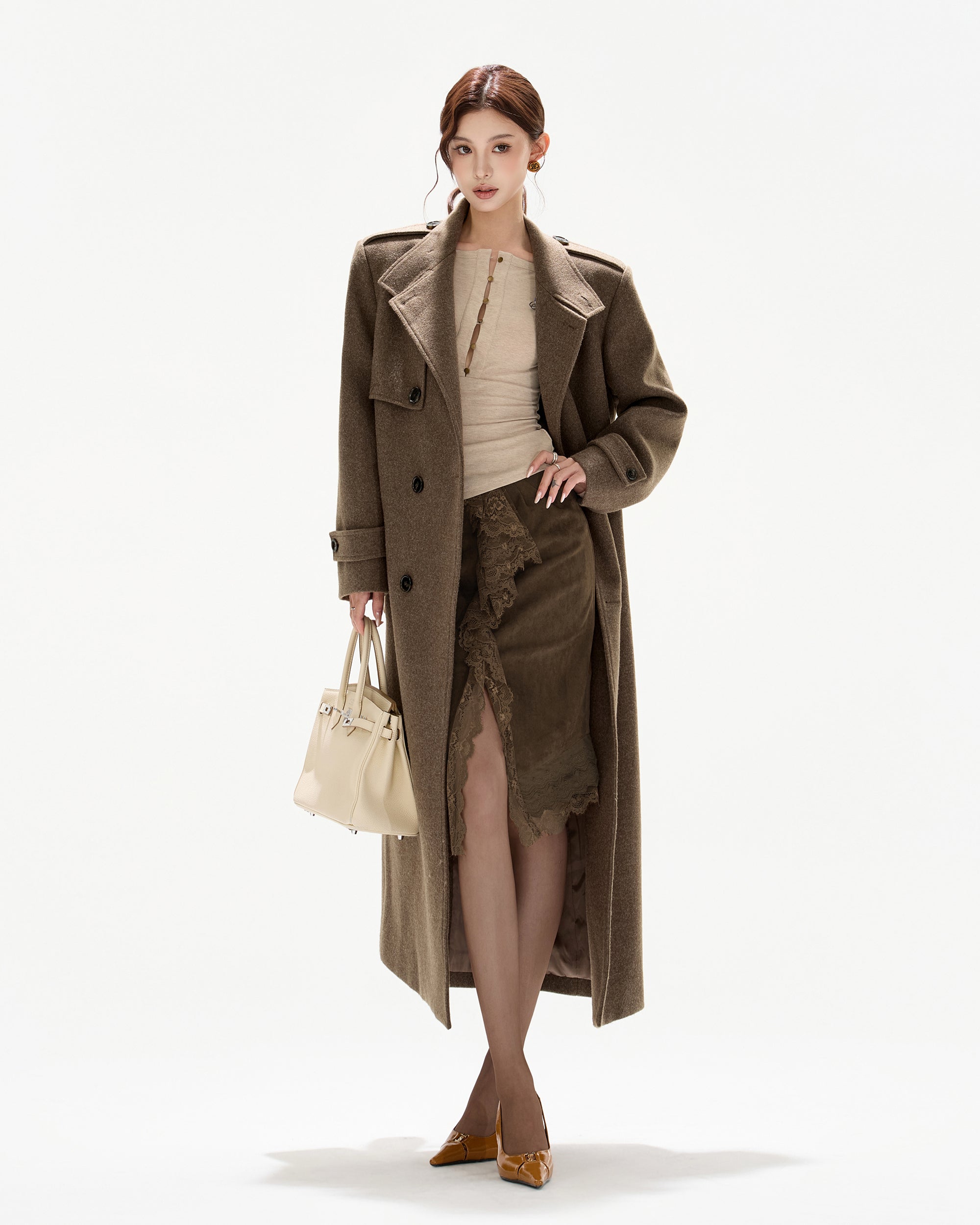 CYNR Classic Belted Wool-Blend Oversized Long Coat Brown