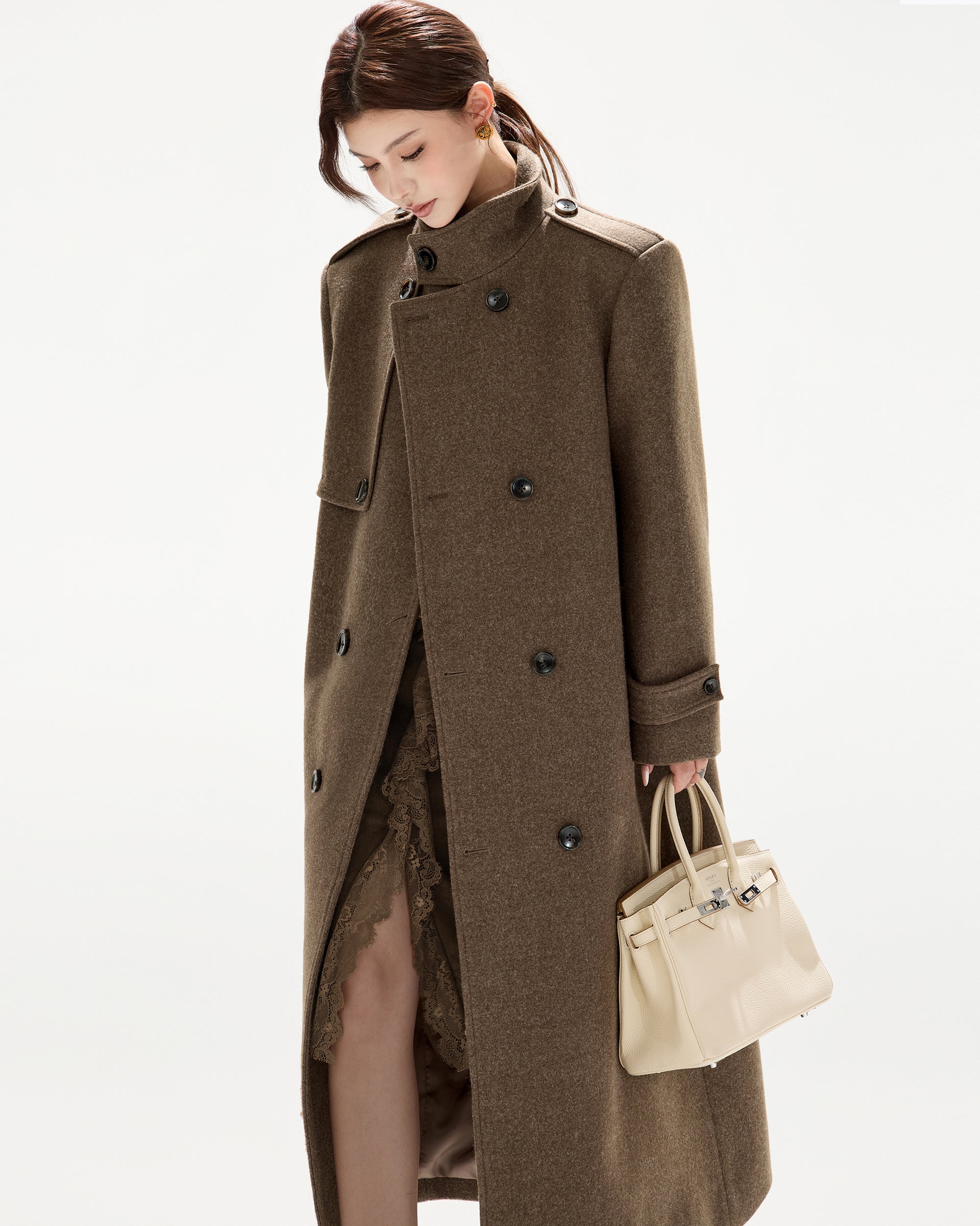 CYNR Classic Belted Wool-Blend Oversized Long Coat Brown