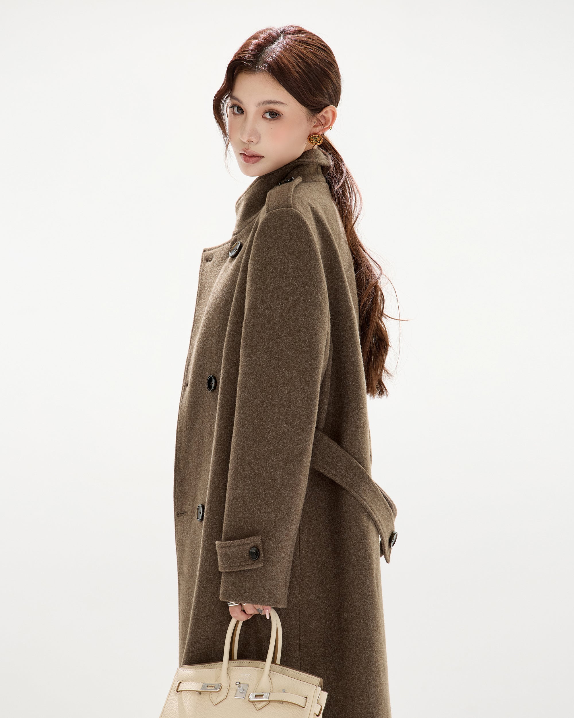 CYNR Classic Belted Wool-Blend Oversized Long Coat Brown