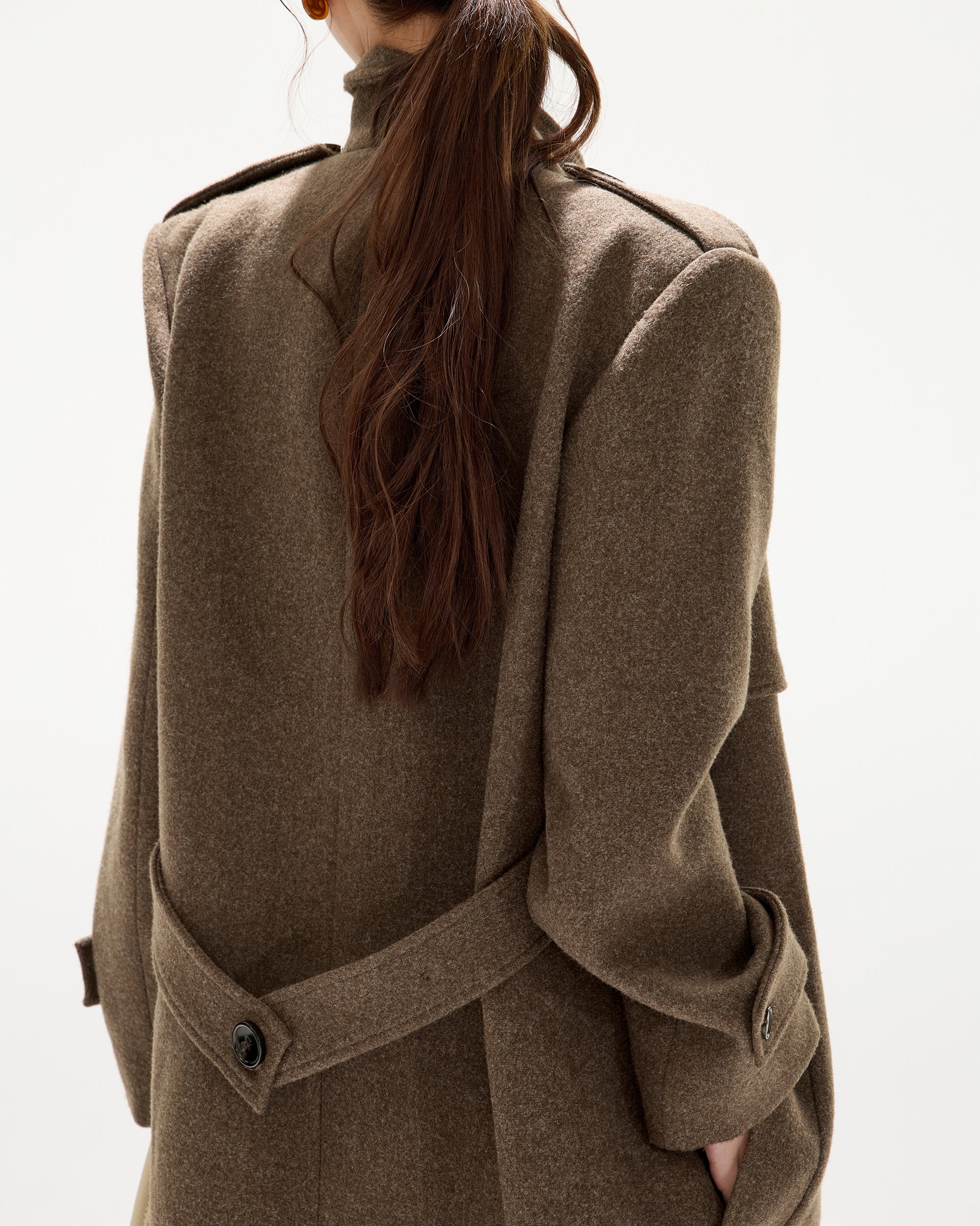 CYNR Classic Belted Wool-Blend Oversized Long Coat Brown