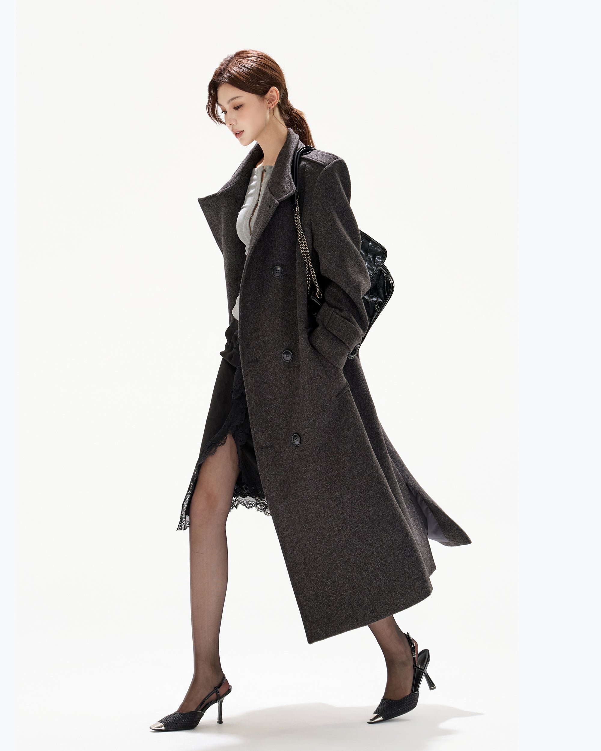 CYGNENOYR Classic Belted Wool-Blend Oversized Long Coat Gray