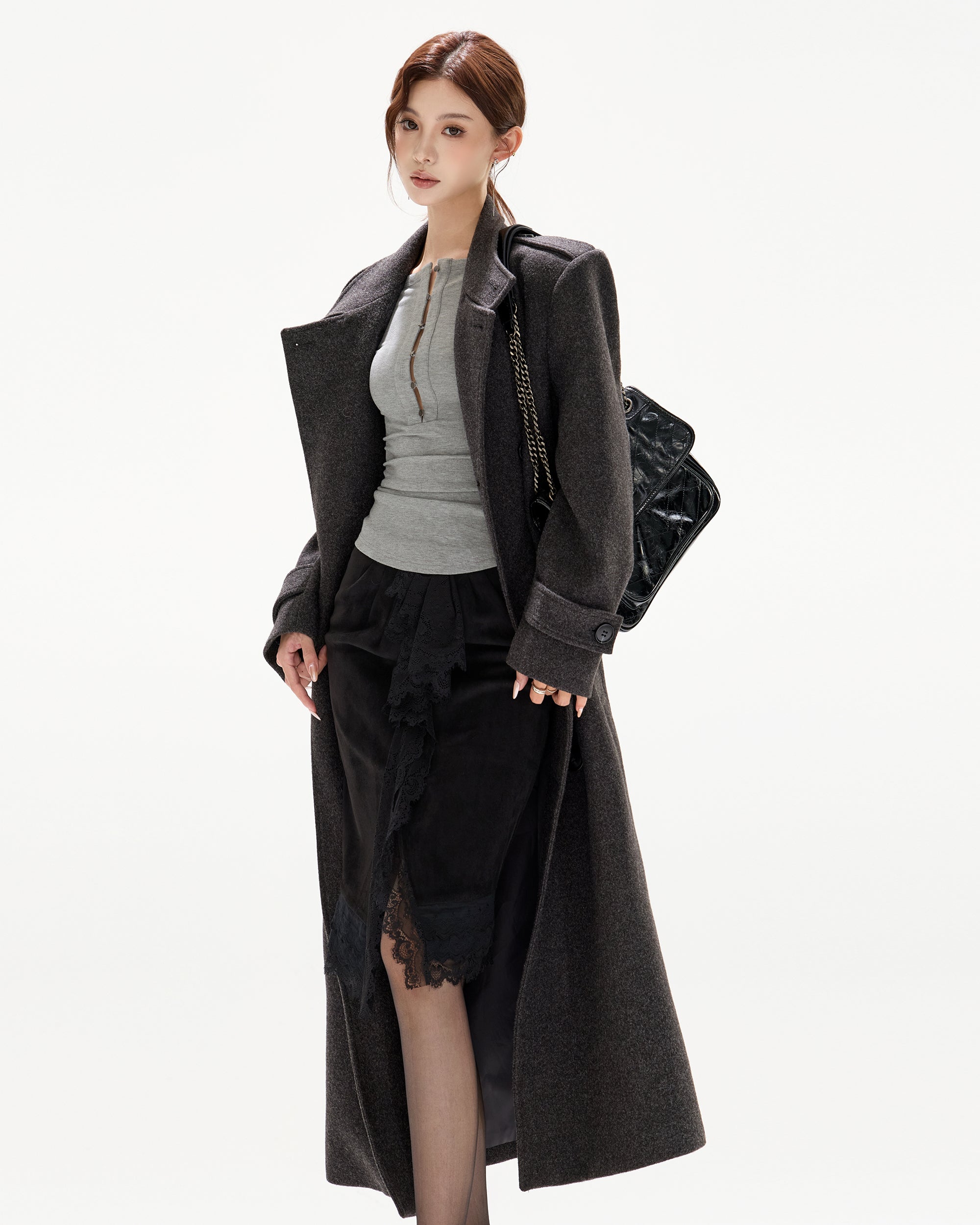CYGNENOYR Classic Belted Wool-Blend Oversized Long Coat Gray