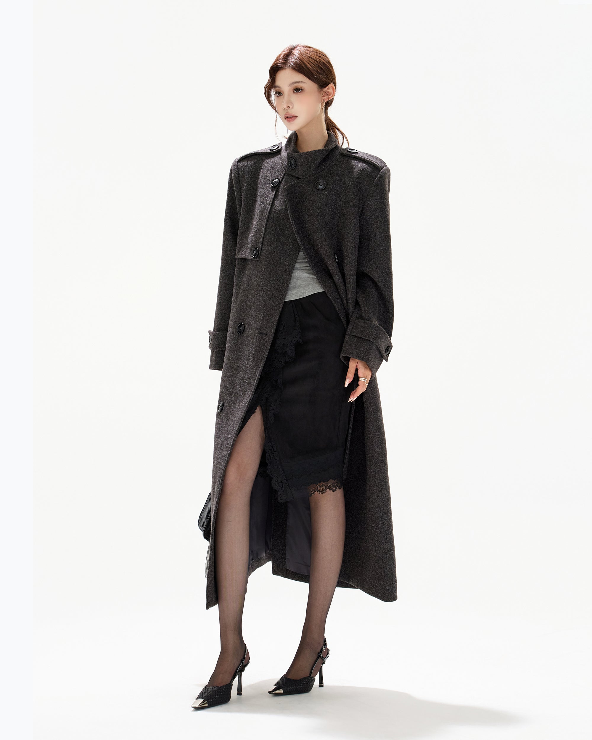 CYGNENOYR Classic Belted Wool-Blend Oversized Long Coat Gray