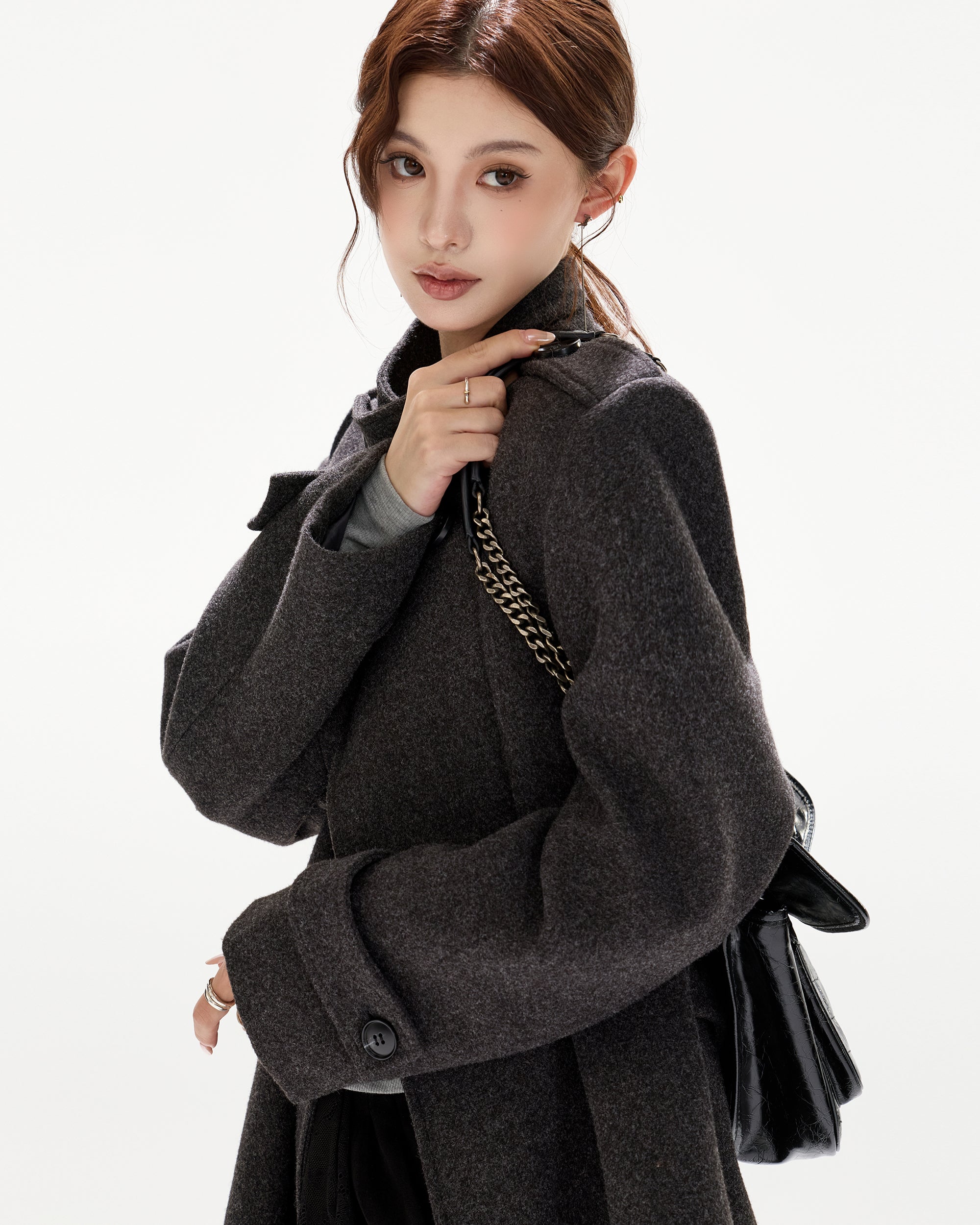 CYGNENOYR Classic Belted Wool-Blend Oversized Long Coat Gray