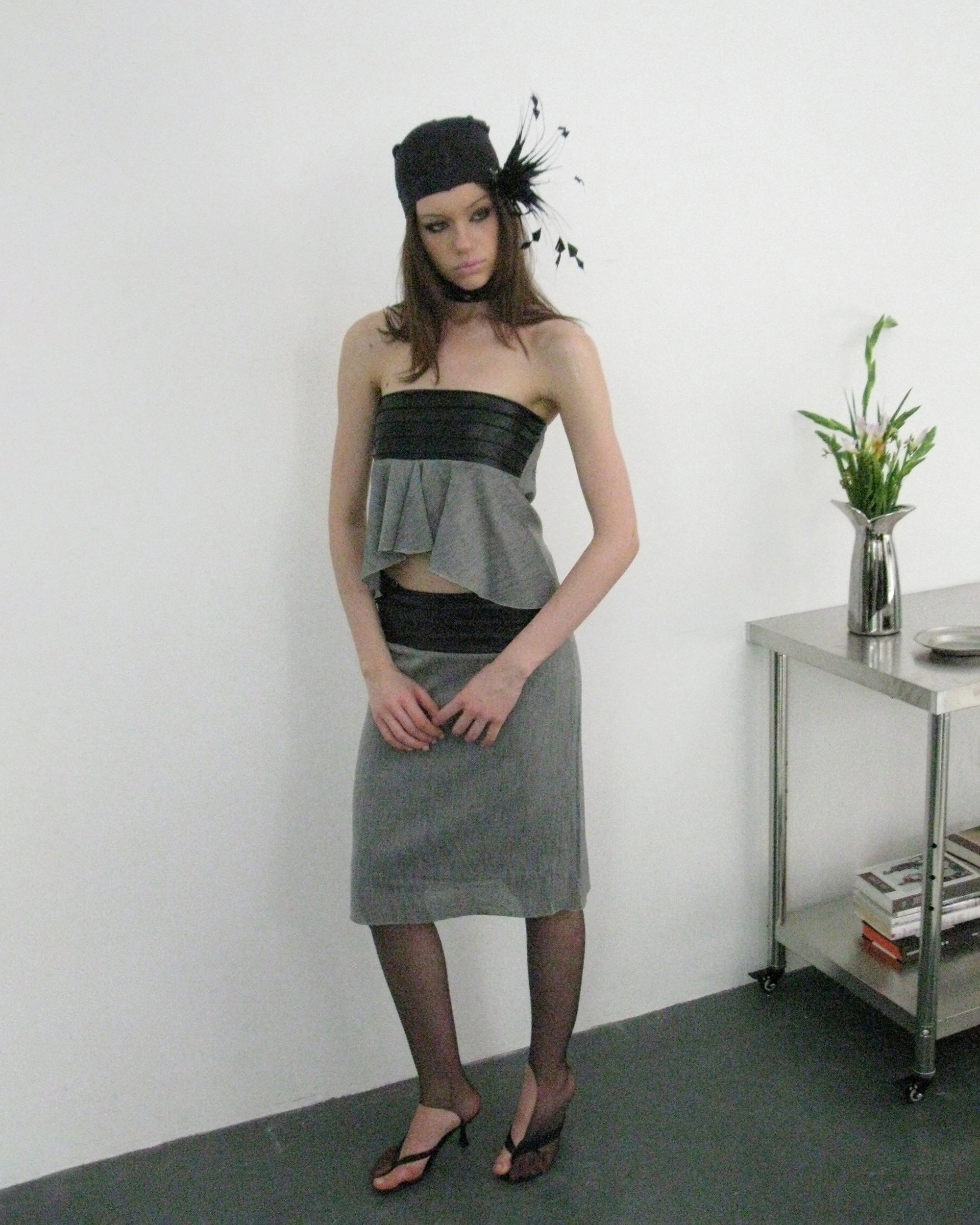 NEVER OFFEND L ANGEL Pleated Strapless Top And Sheer Midi Skirt Set