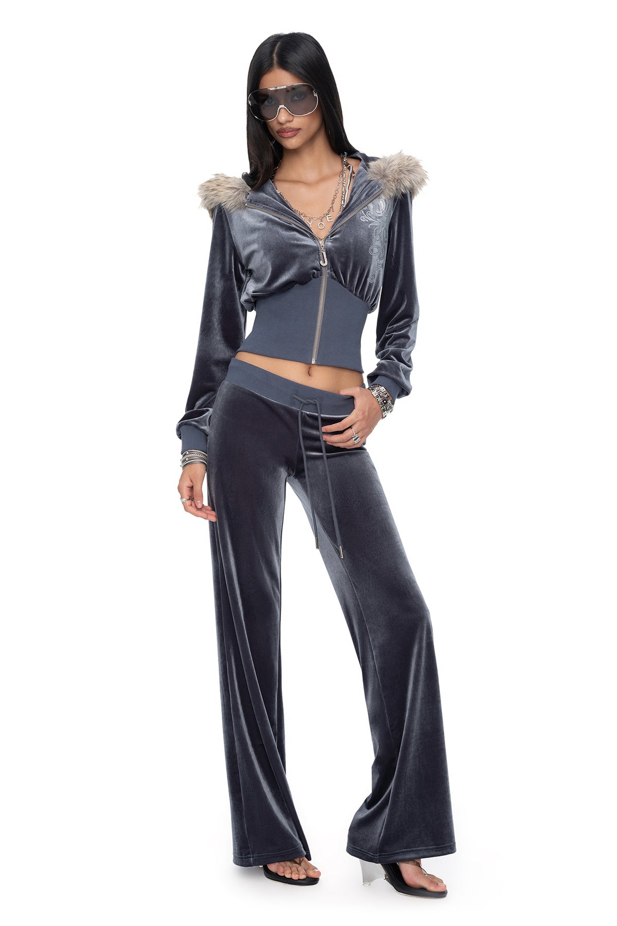 JYOSEI Graphic Velvet Cropped Hoodie & Sweatpants Set