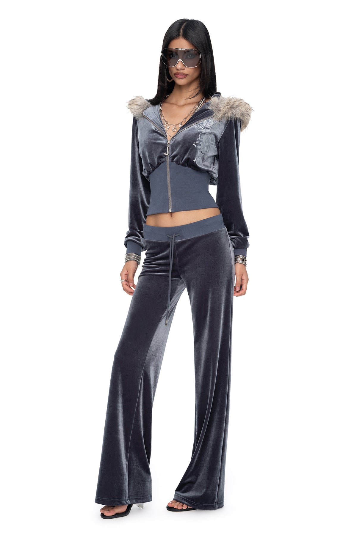 JYOSEI Graphic Velvet Cropped Hoodie & Sweatpants Set