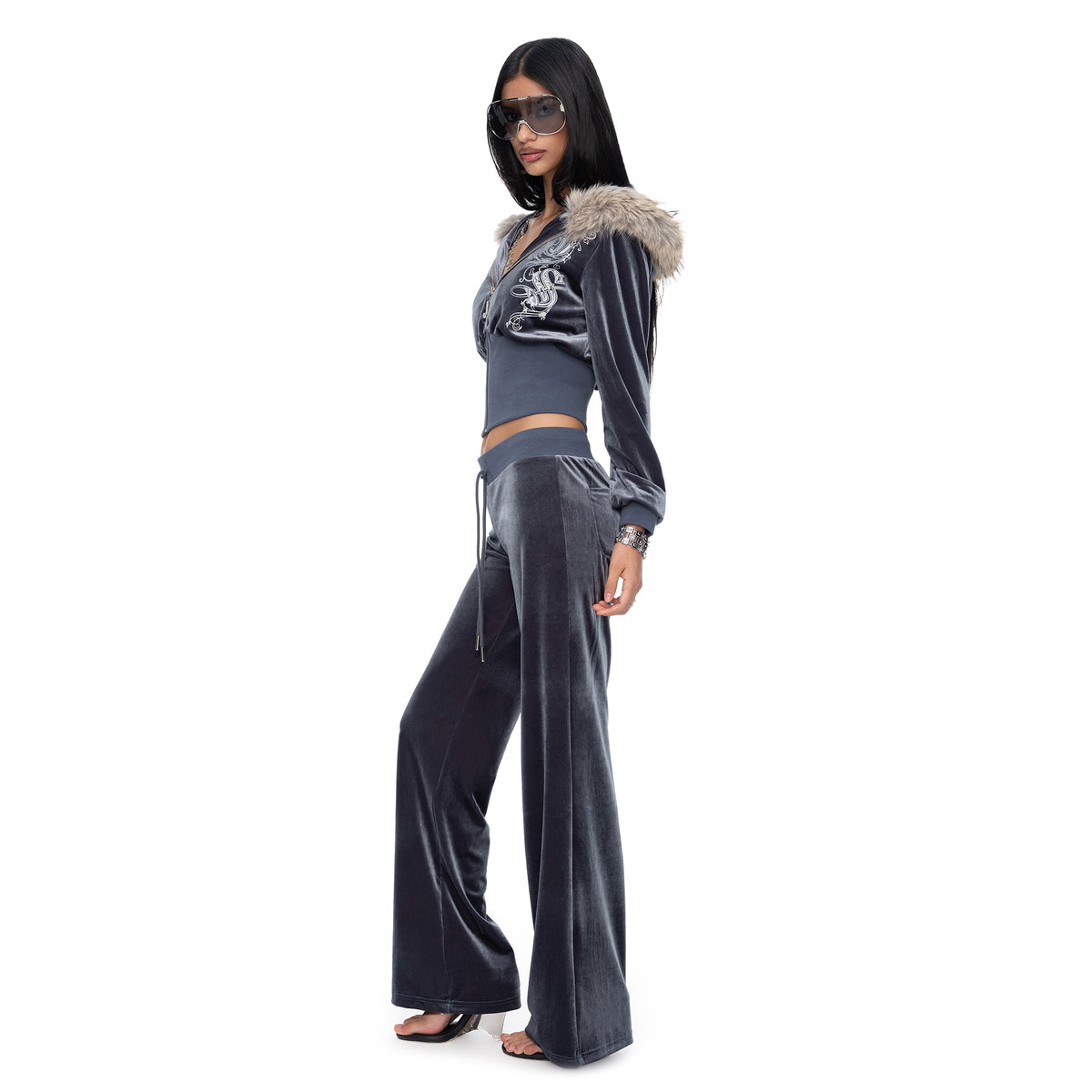 JYOSEI Graphic Velvet Cropped Hoodie & Sweatpants Set