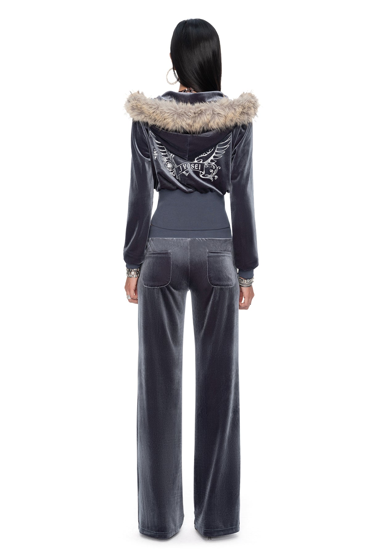 JYOSEI Graphic Velvet Cropped Hoodie & Sweatpants Set
