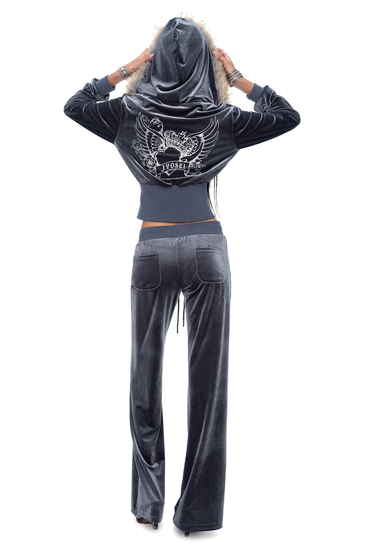 JYOSEI Graphic Velvet Cropped Hoodie & Sweatpants Set
