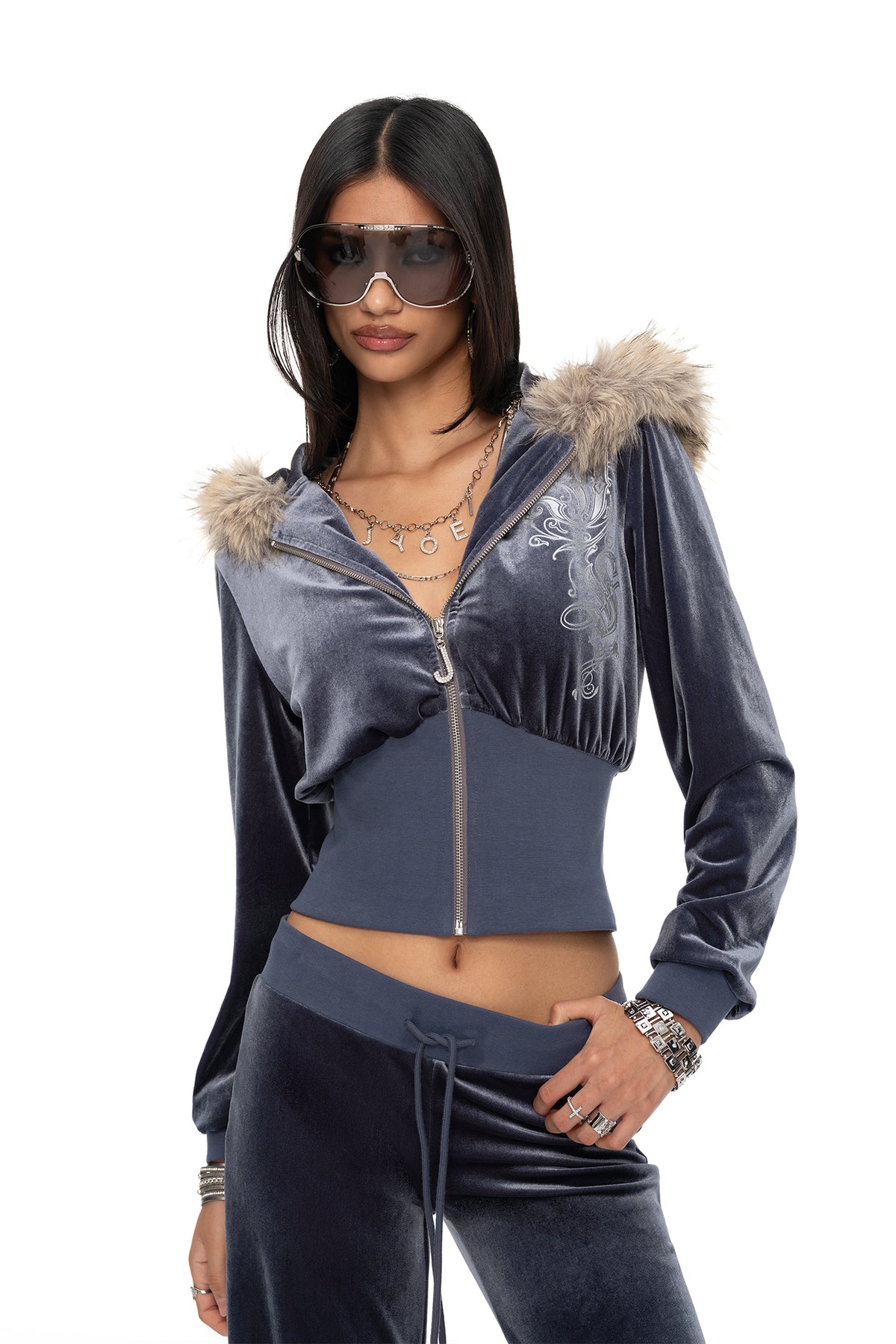 JYOSEI Graphic Velvet Cropped Hoodie & Sweatpants Set