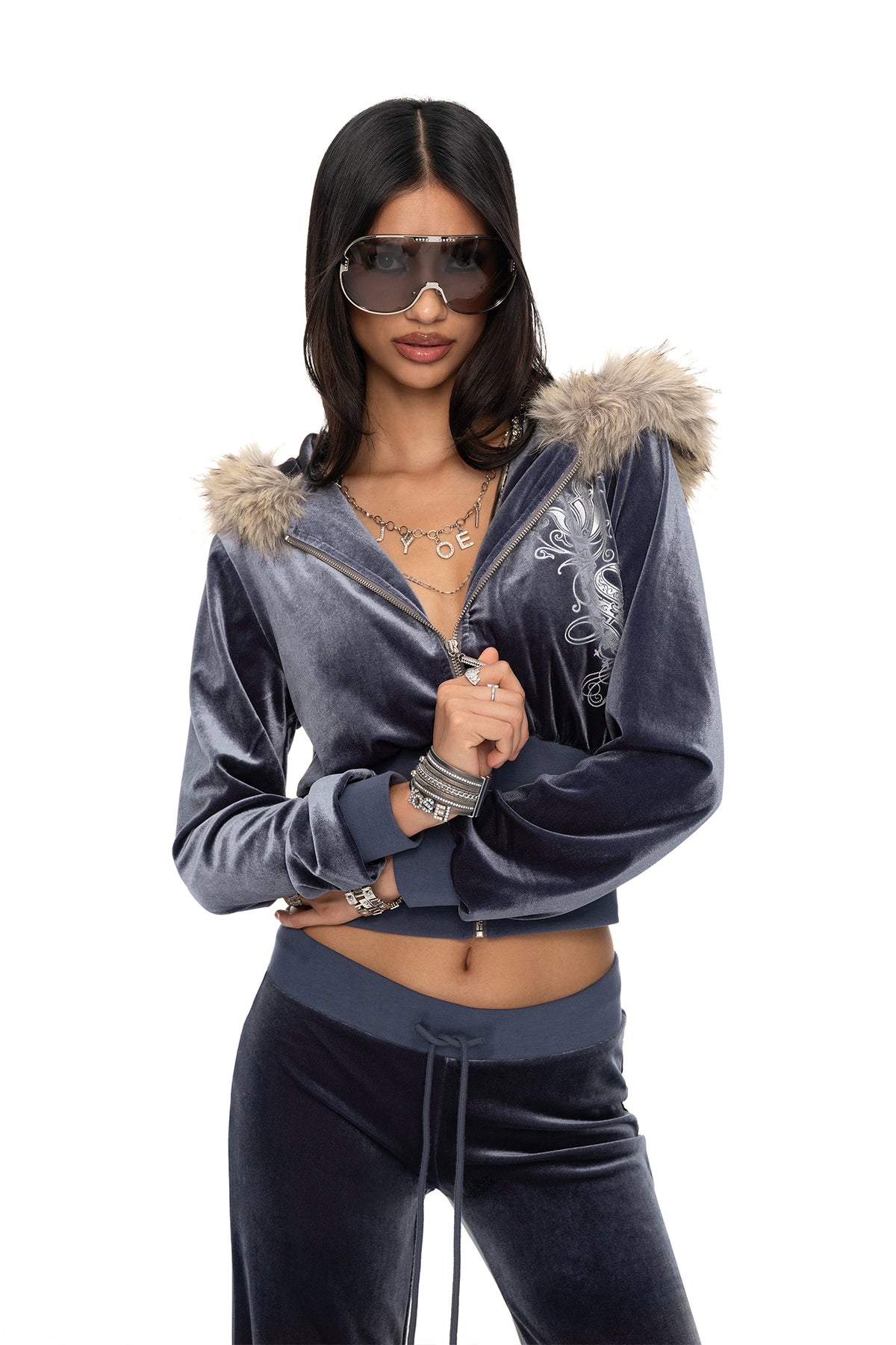 JYOSEI Graphic Velvet Cropped Hoodie & Sweatpants Set