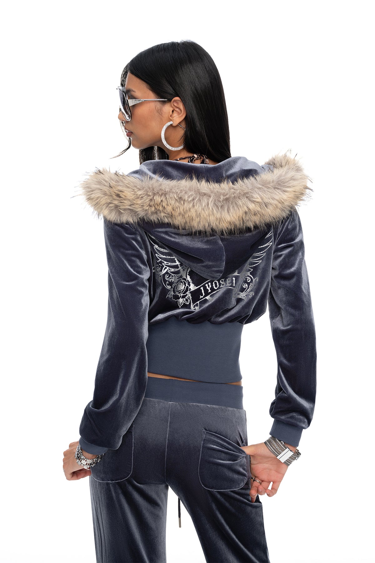 JYOSEI Graphic Velvet Cropped Hoodie & Sweatpants Set