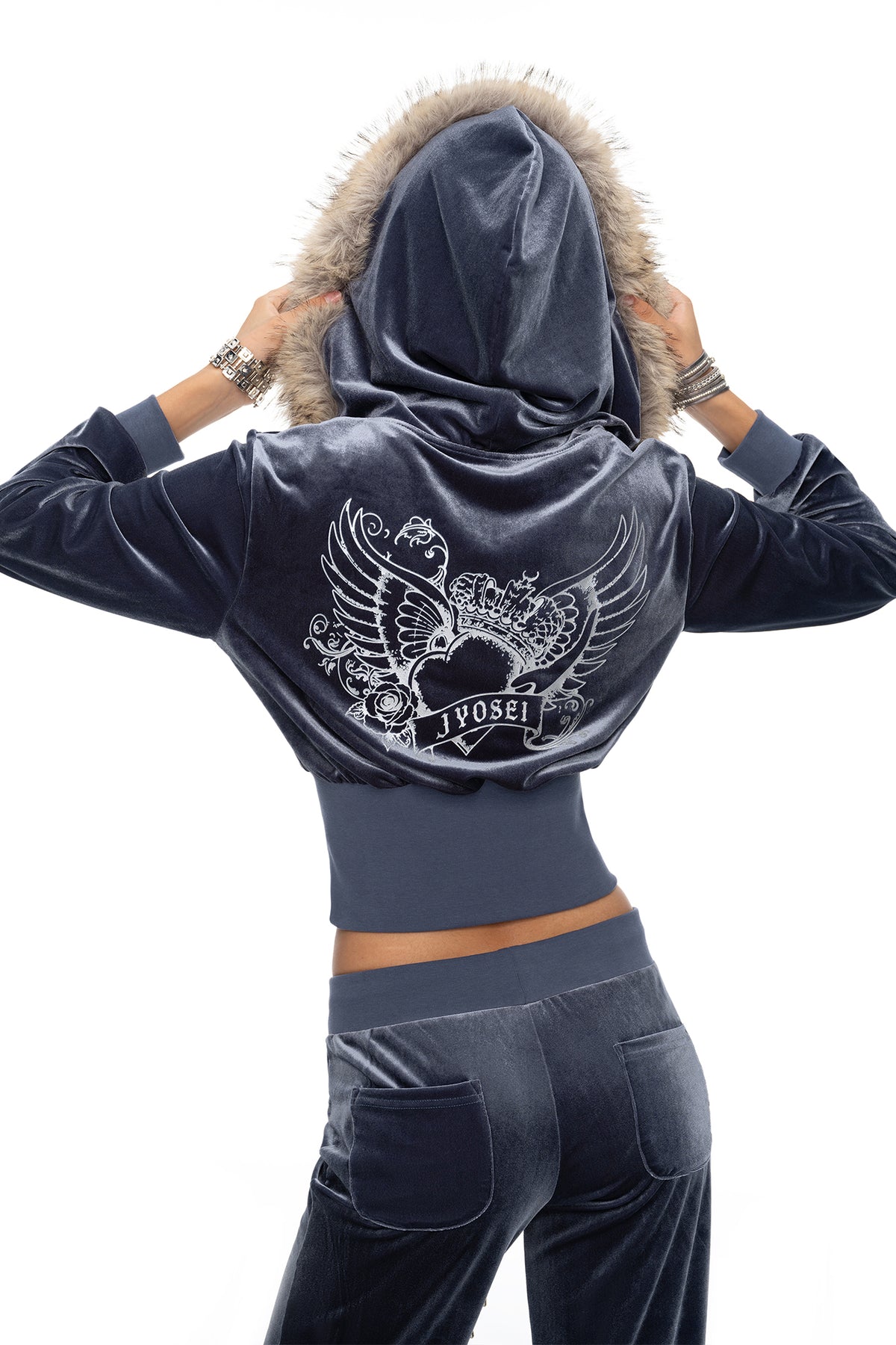 JYOSEI Graphic Velvet Cropped Hoodie & Sweatpants Set