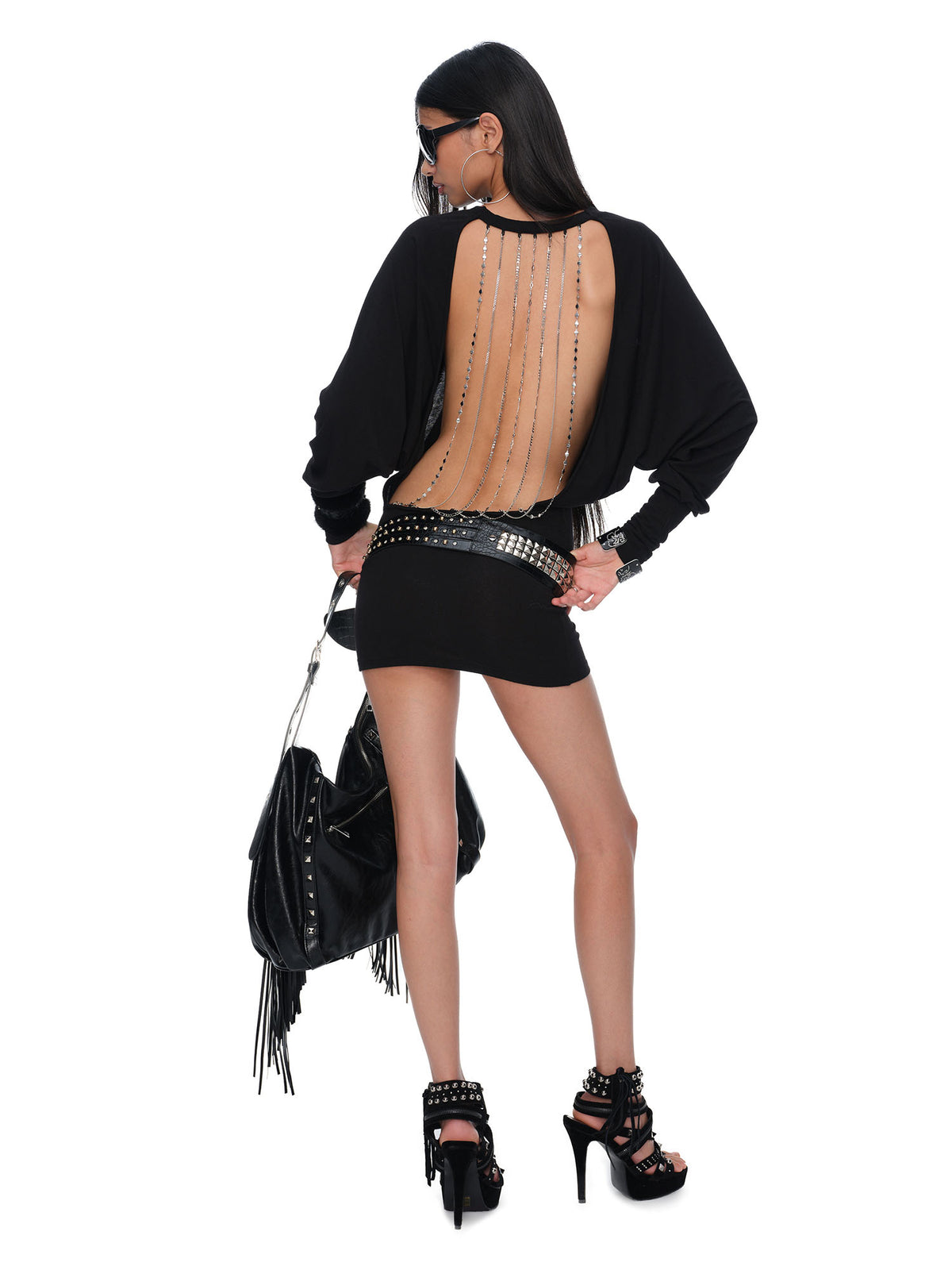 JYOSEI Chain-Embellished Open-Back Bodycon Dress