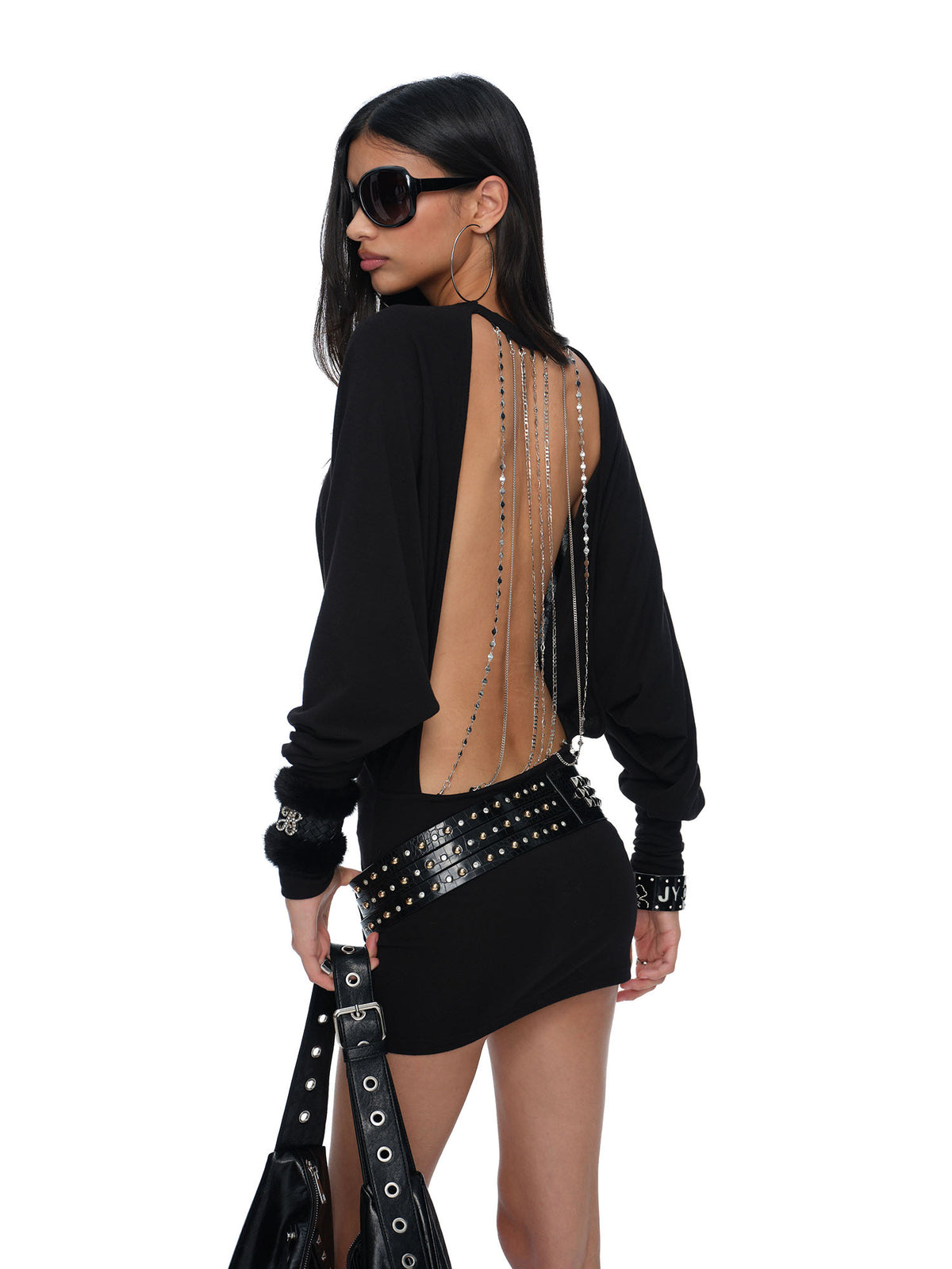 JYOSEI Chain-Embellished Open-Back Bodycon Dress