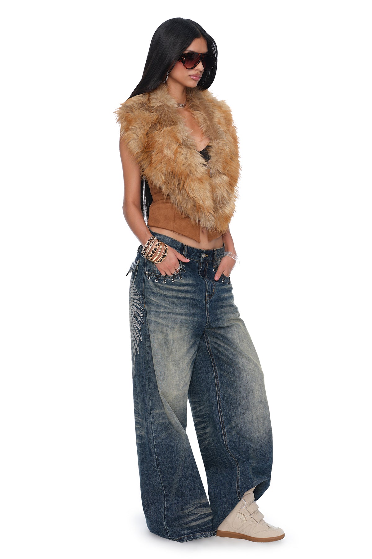 JYOSEI Retro Faux Fur Collar Open-Back Suede Vest