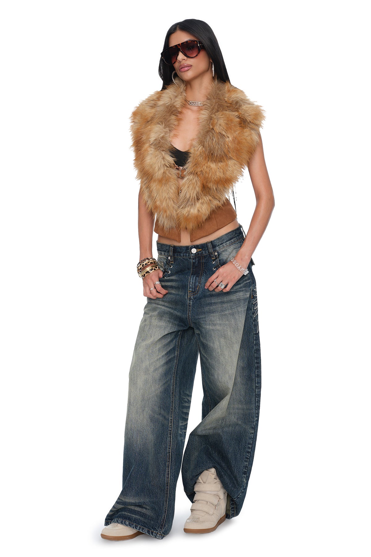 JYOSEI Retro Faux Fur Collar Open-Back Suede Vest
