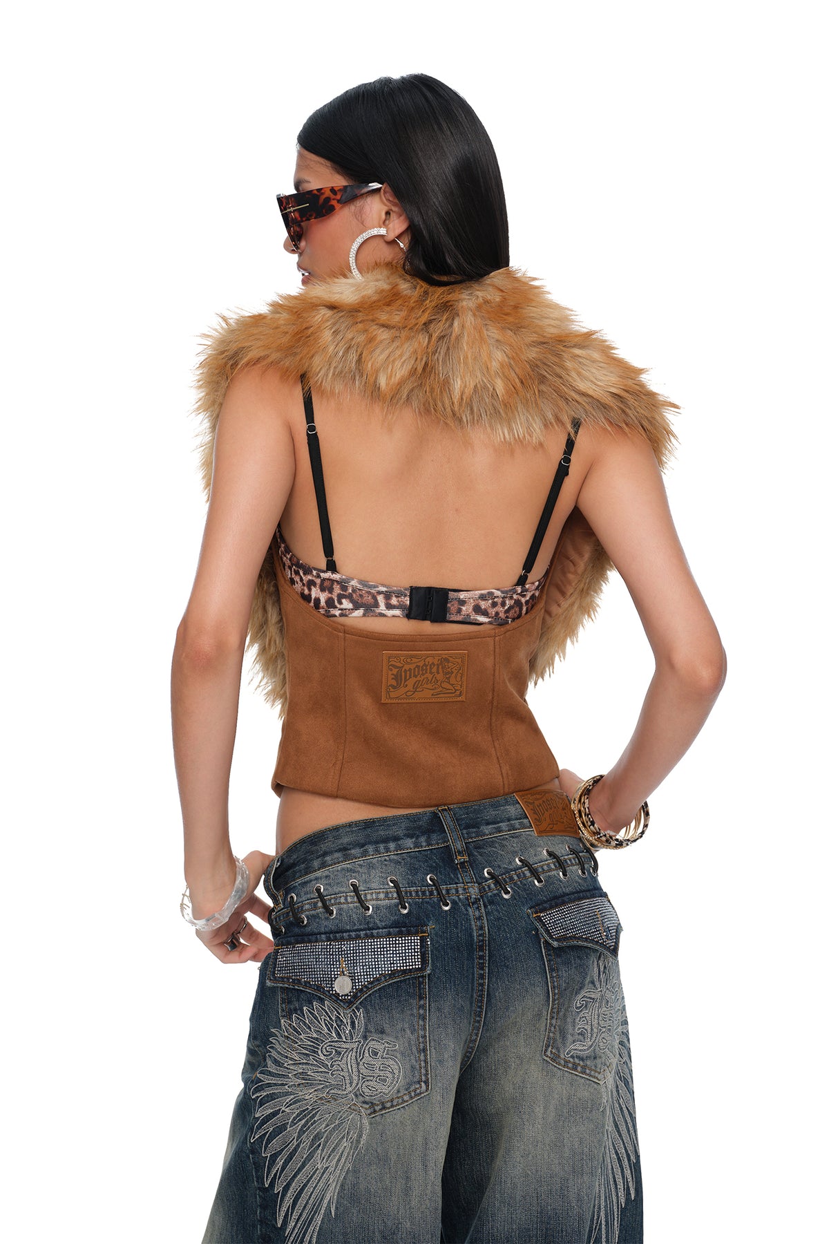 JYOSEI Retro Faux Fur Collar Open-Back Suede Vest