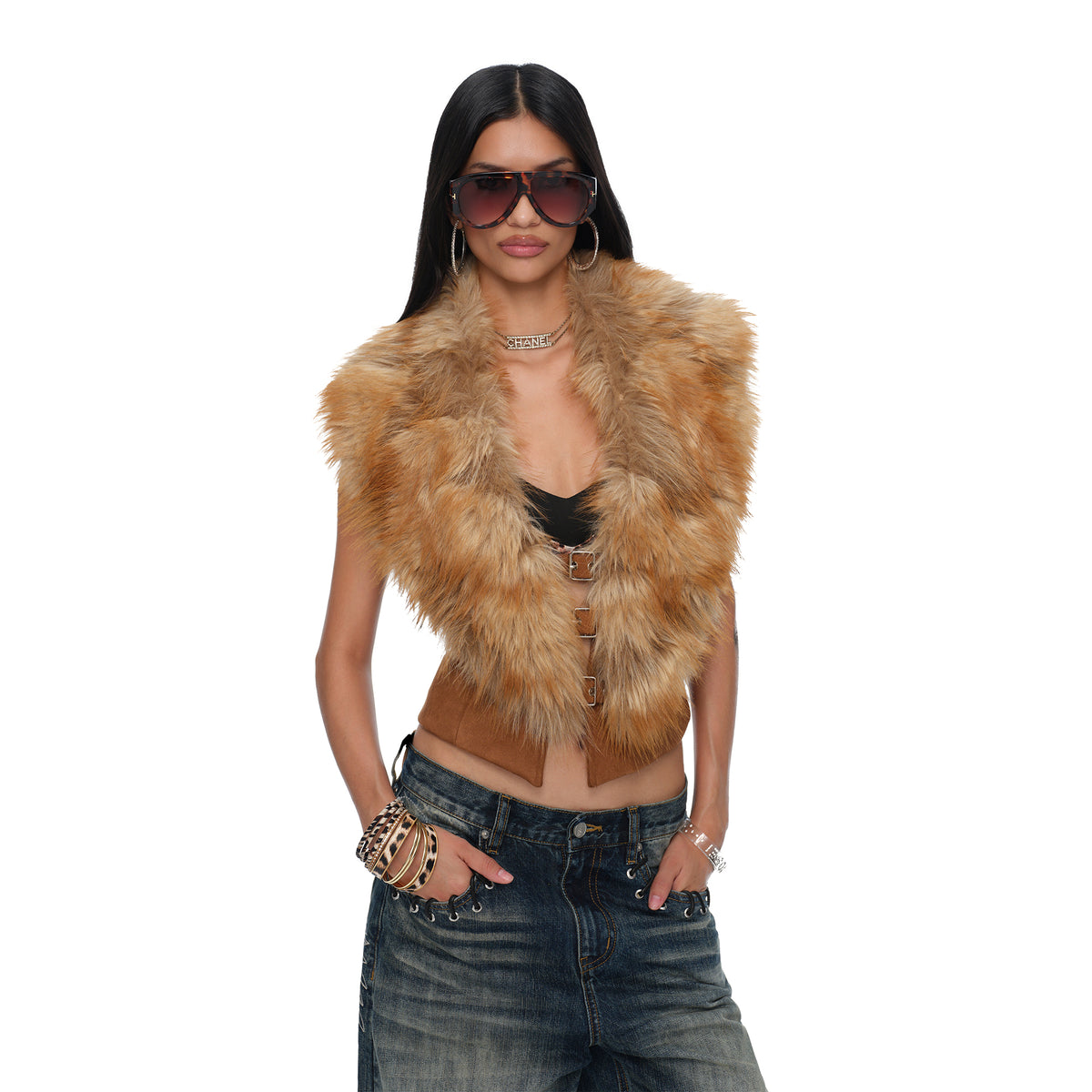 JYOSEI Retro Faux Fur Collar Open-Back Suede Vest