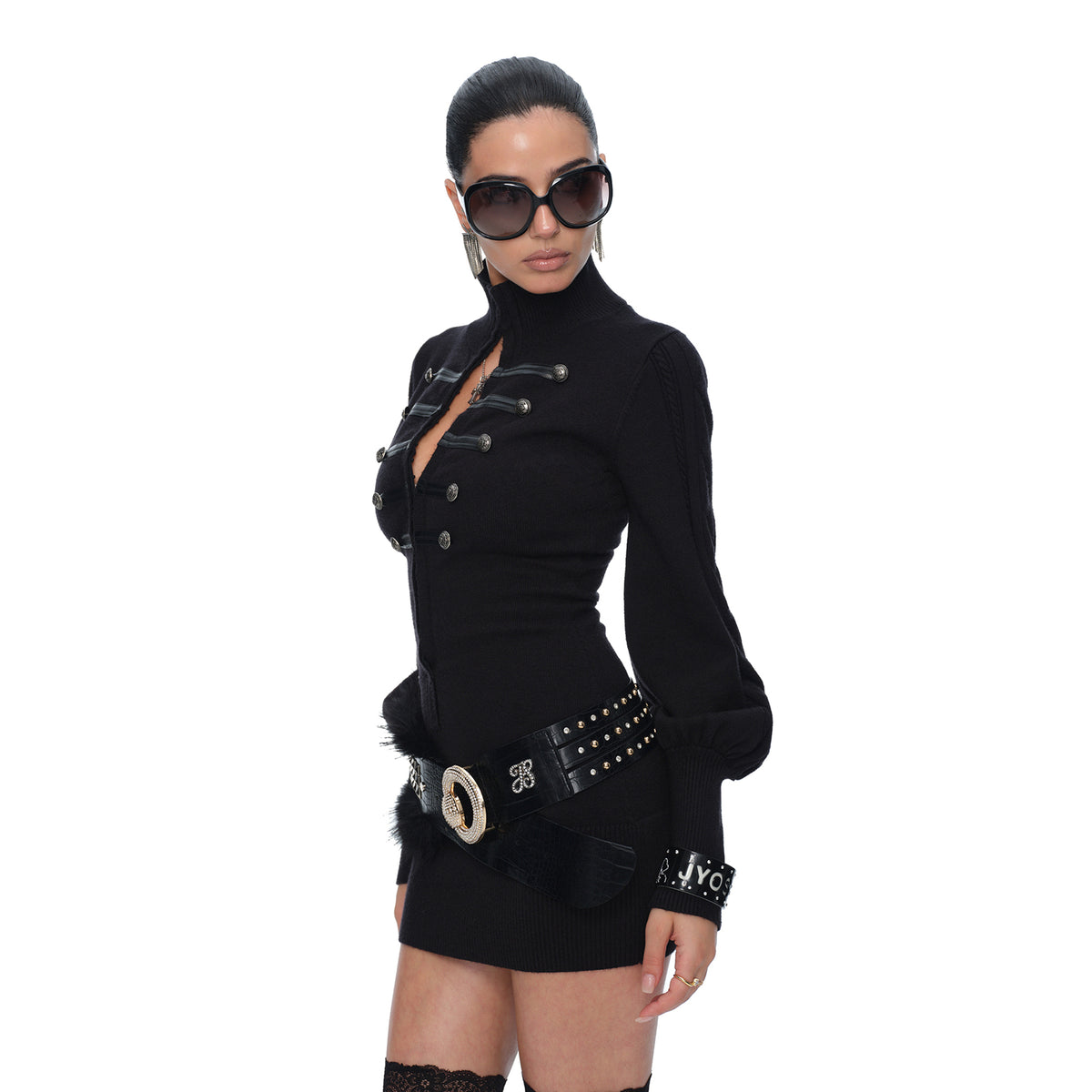 JYOSEI Napoleon-Collar Ribbed Bodycon Knit Dress