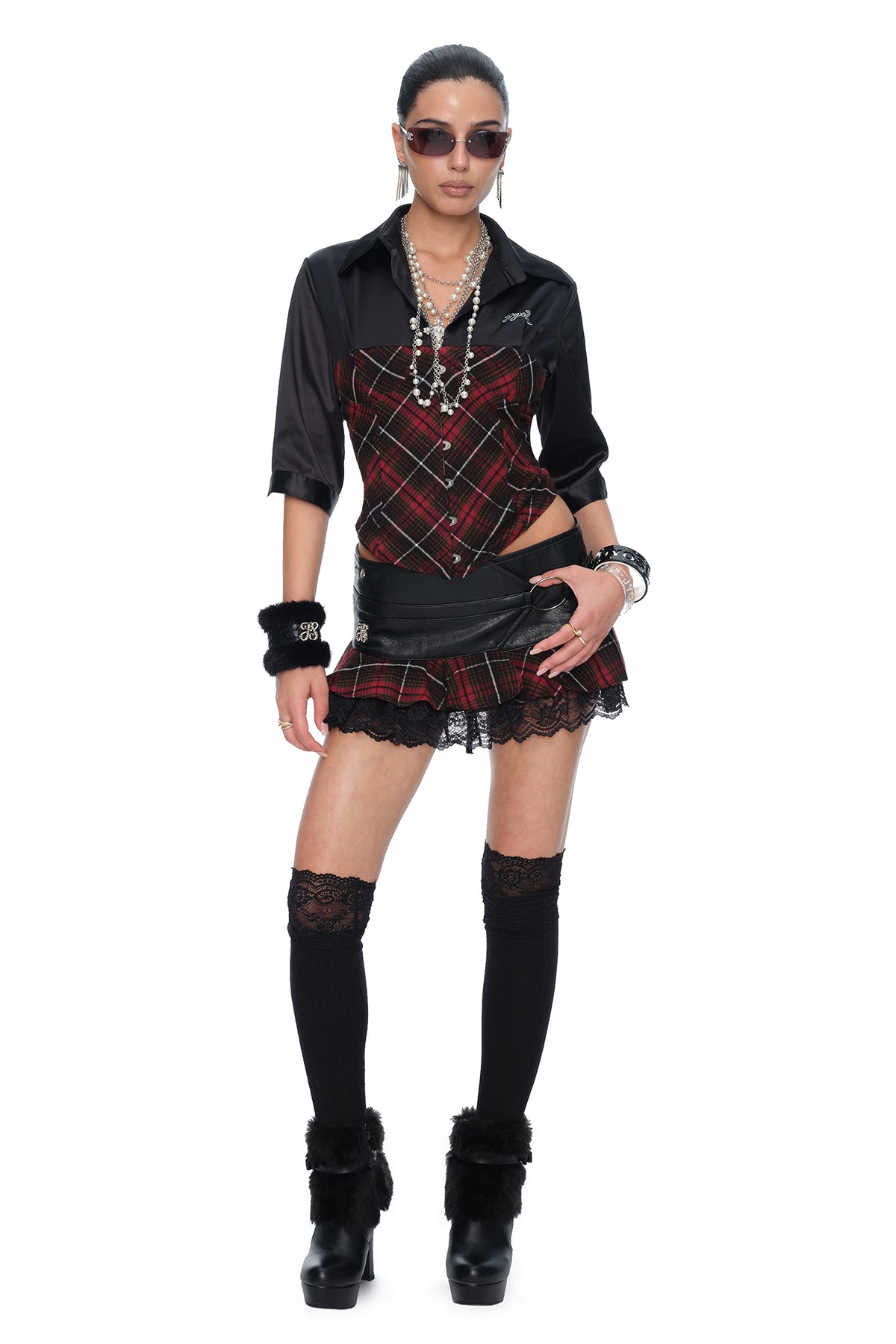 JYOSEI Plaid Lace-Up Waist Half-Shirt