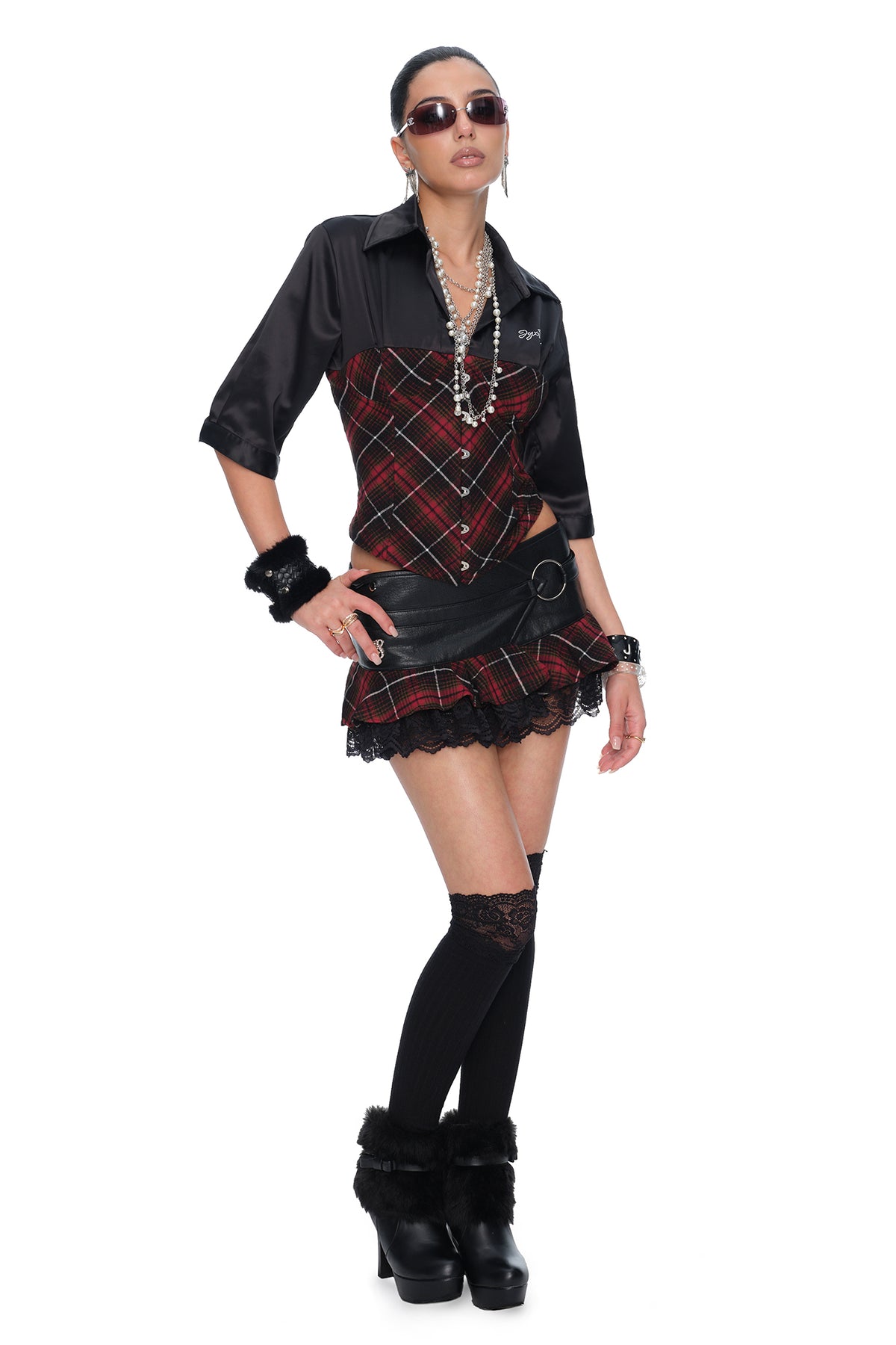 JYOSEI Plaid Lace-Up Waist Half-Shirt