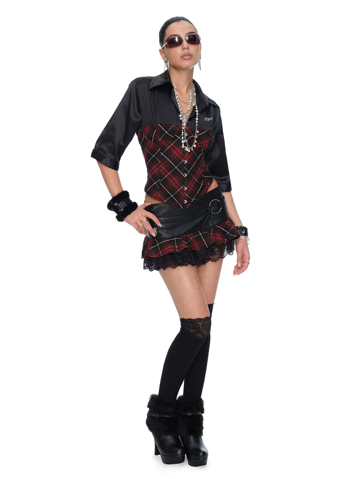 JYOSEI Faux Leather Lace Plaid Low-Rise Mini Skirt