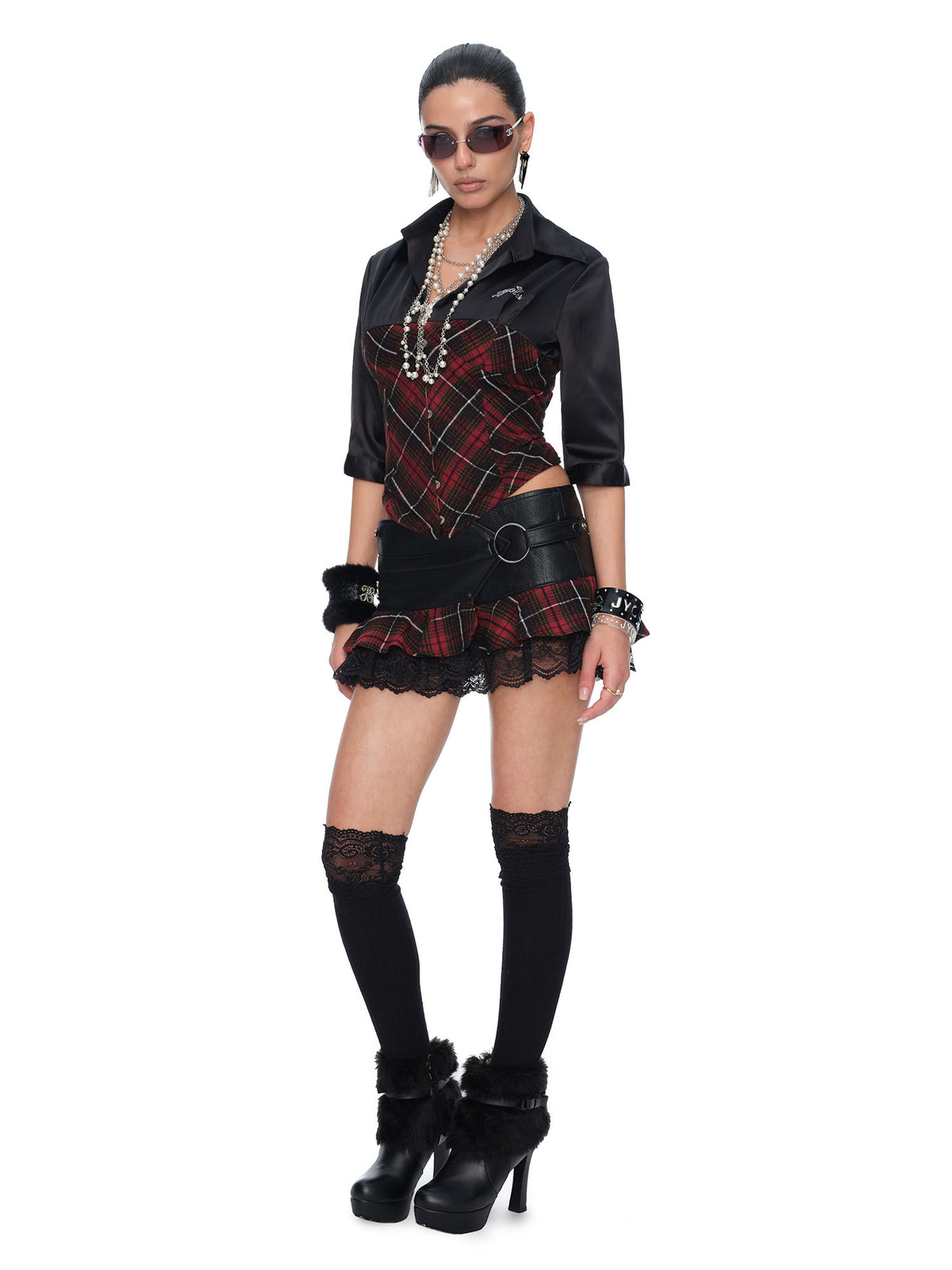 JYOSEI Faux Leather Lace Plaid Low-Rise Mini Skirt