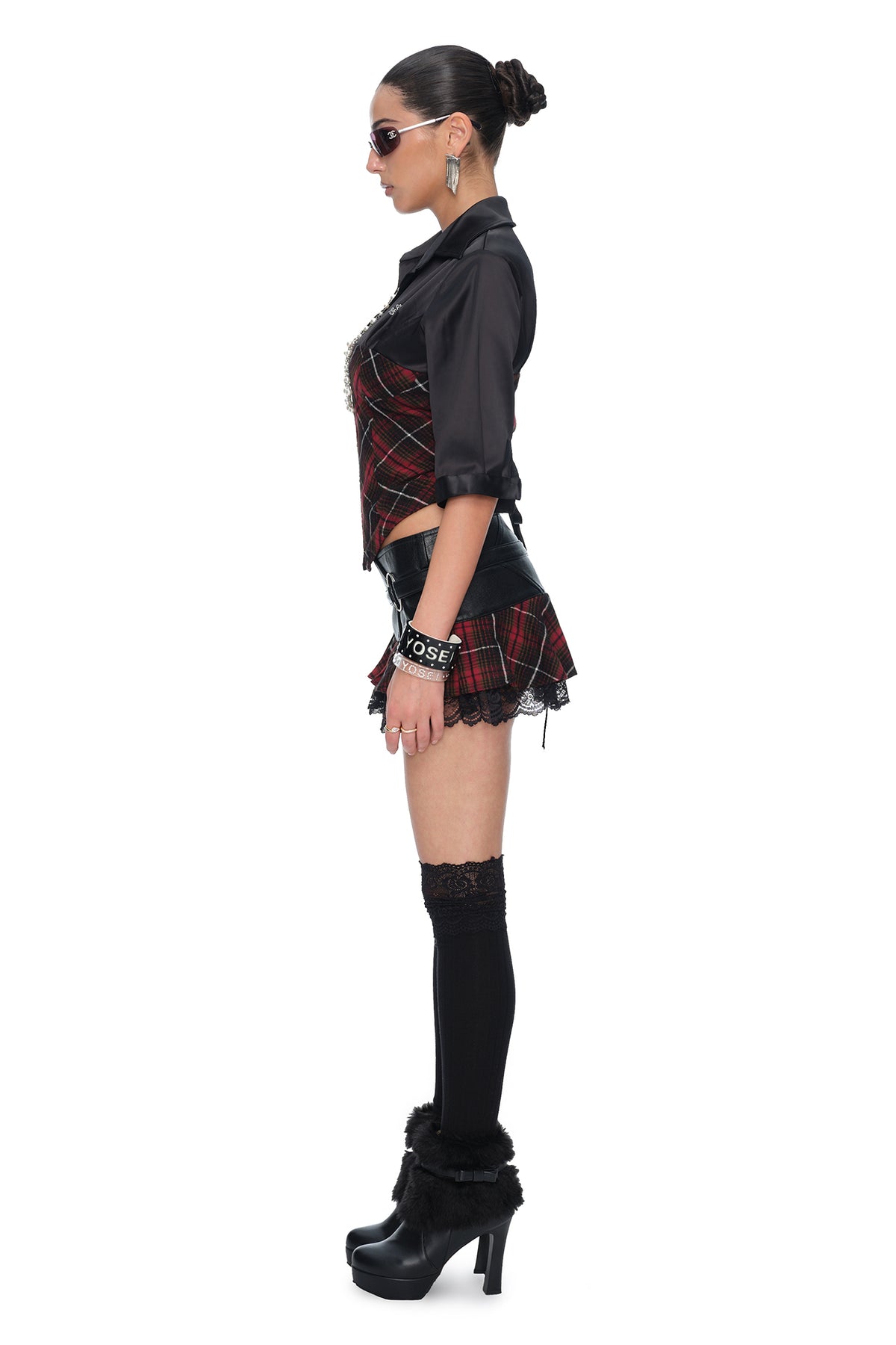 JYOSEI Plaid Lace-Up Waist Half-Shirt