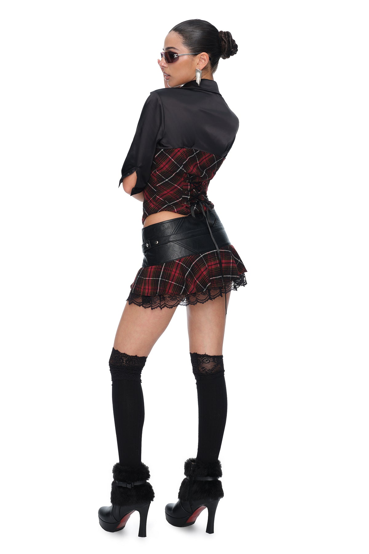 JYOSEI Plaid Lace-Up Waist Half-Shirt
