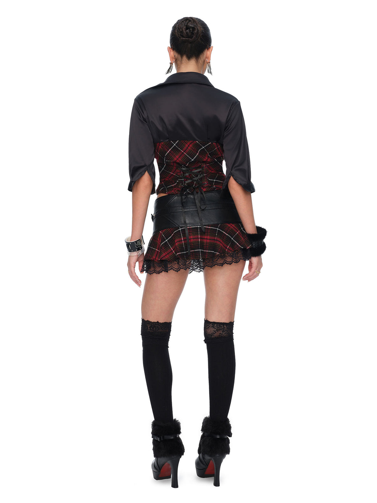 JYOSEI Faux Leather Lace Plaid Low-Rise Mini Skirt