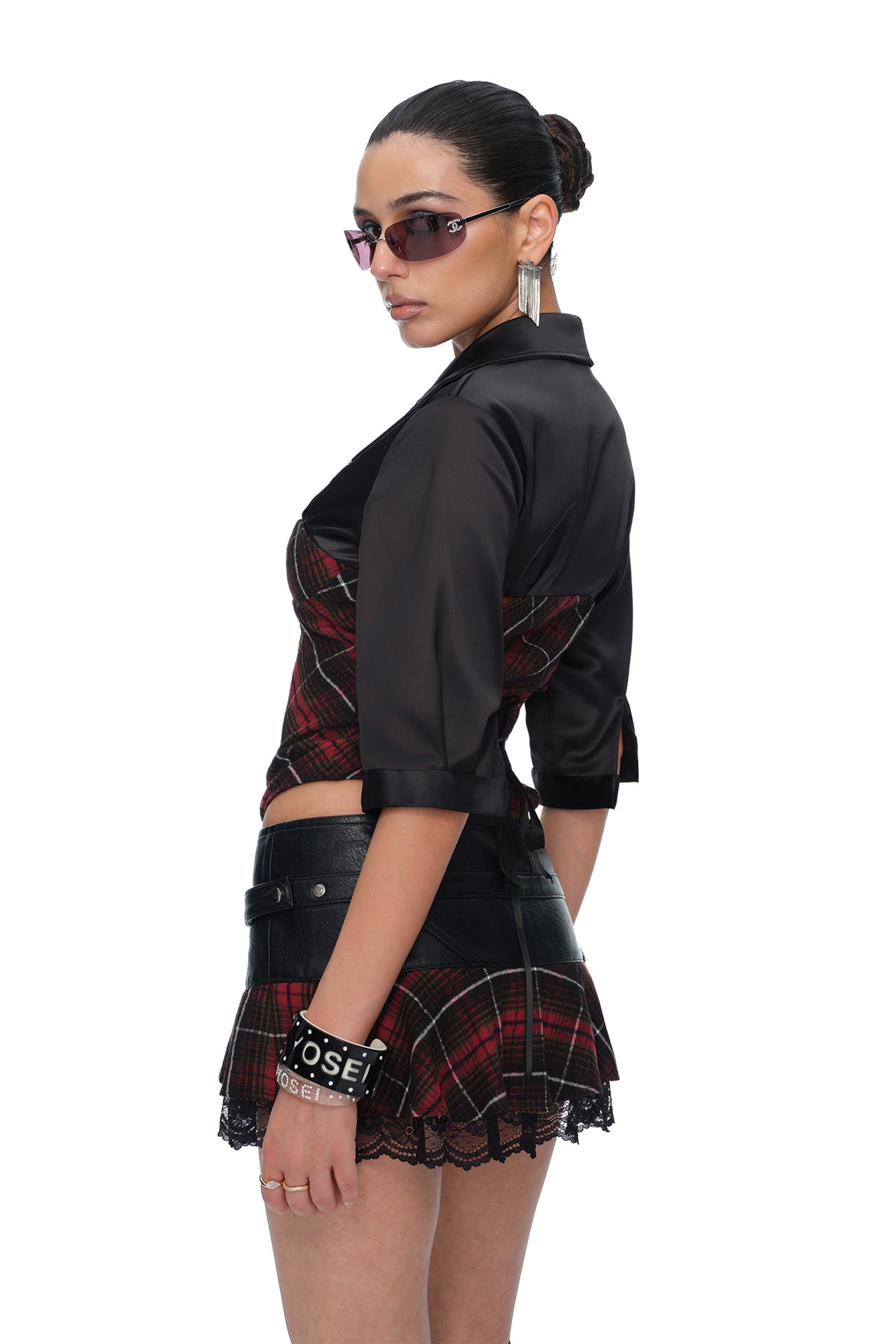 JYOSEI Plaid Lace-Up Waist Half-Shirt