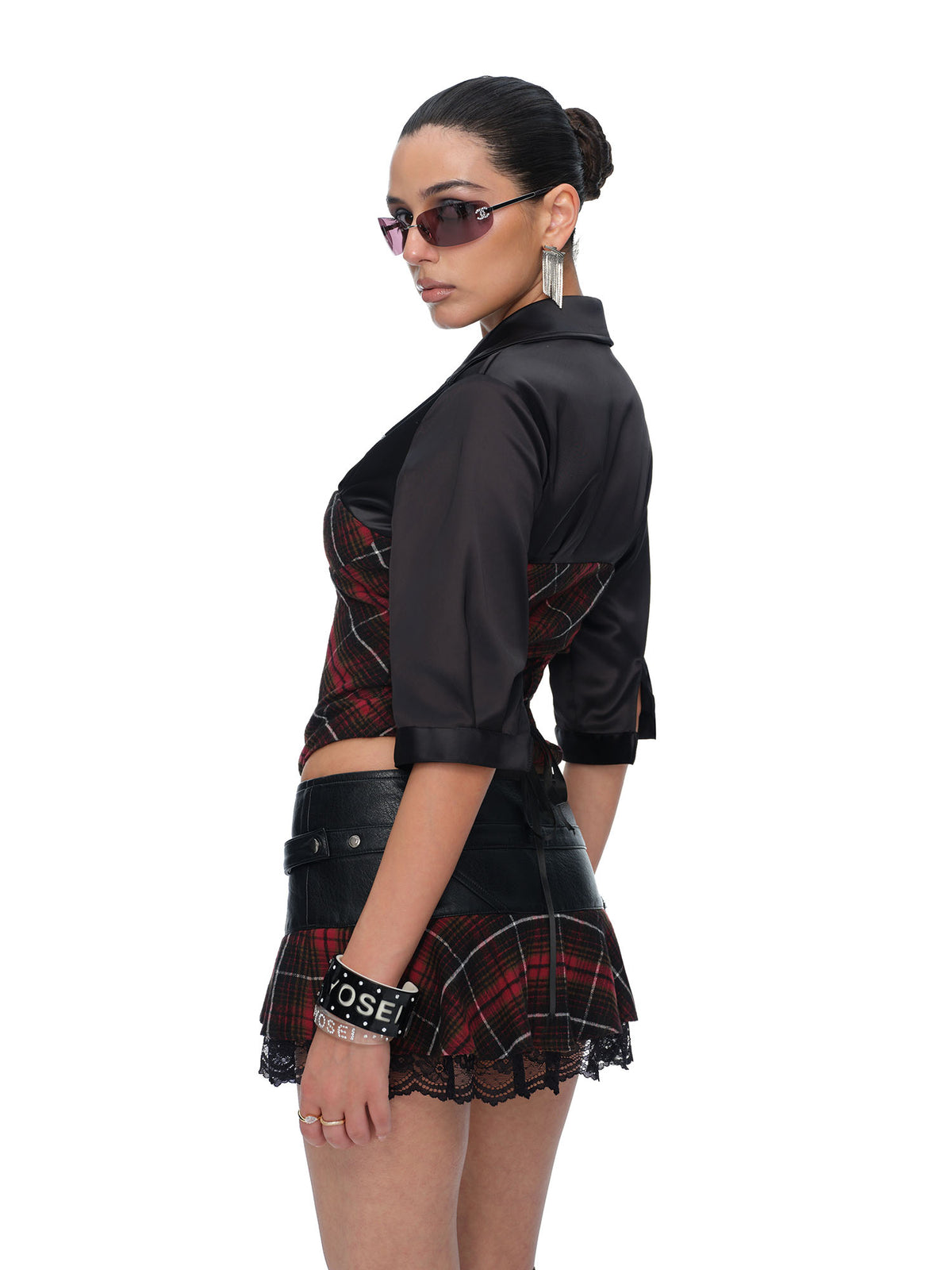 JYOSEI Faux Leather Lace Plaid Low-Rise Mini Skirt