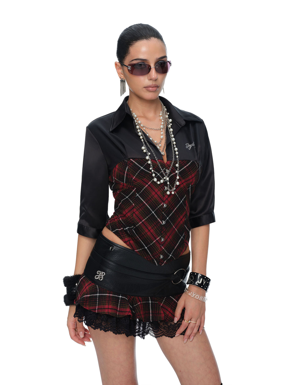 JYOSEI Faux Leather Lace Plaid Low-Rise Mini Skirt
