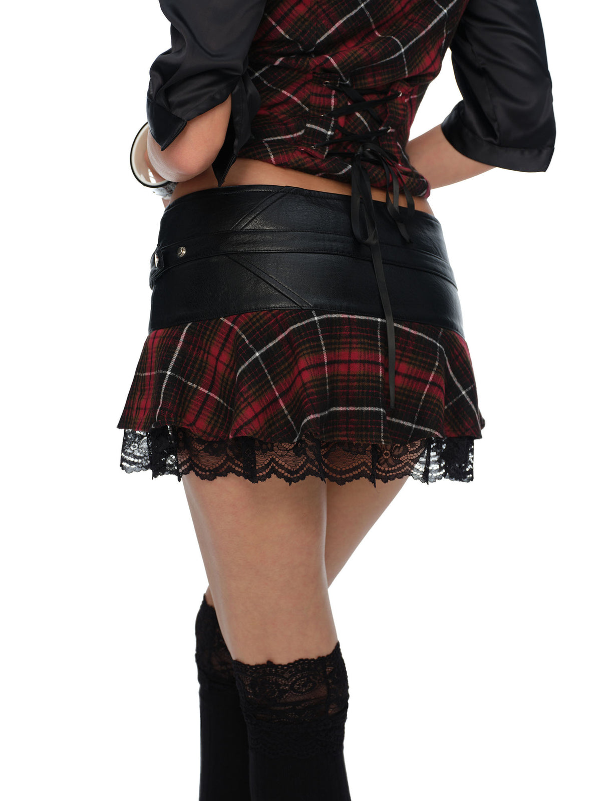 JYOSEI Faux Leather Lace Plaid Low-Rise Mini Skirt