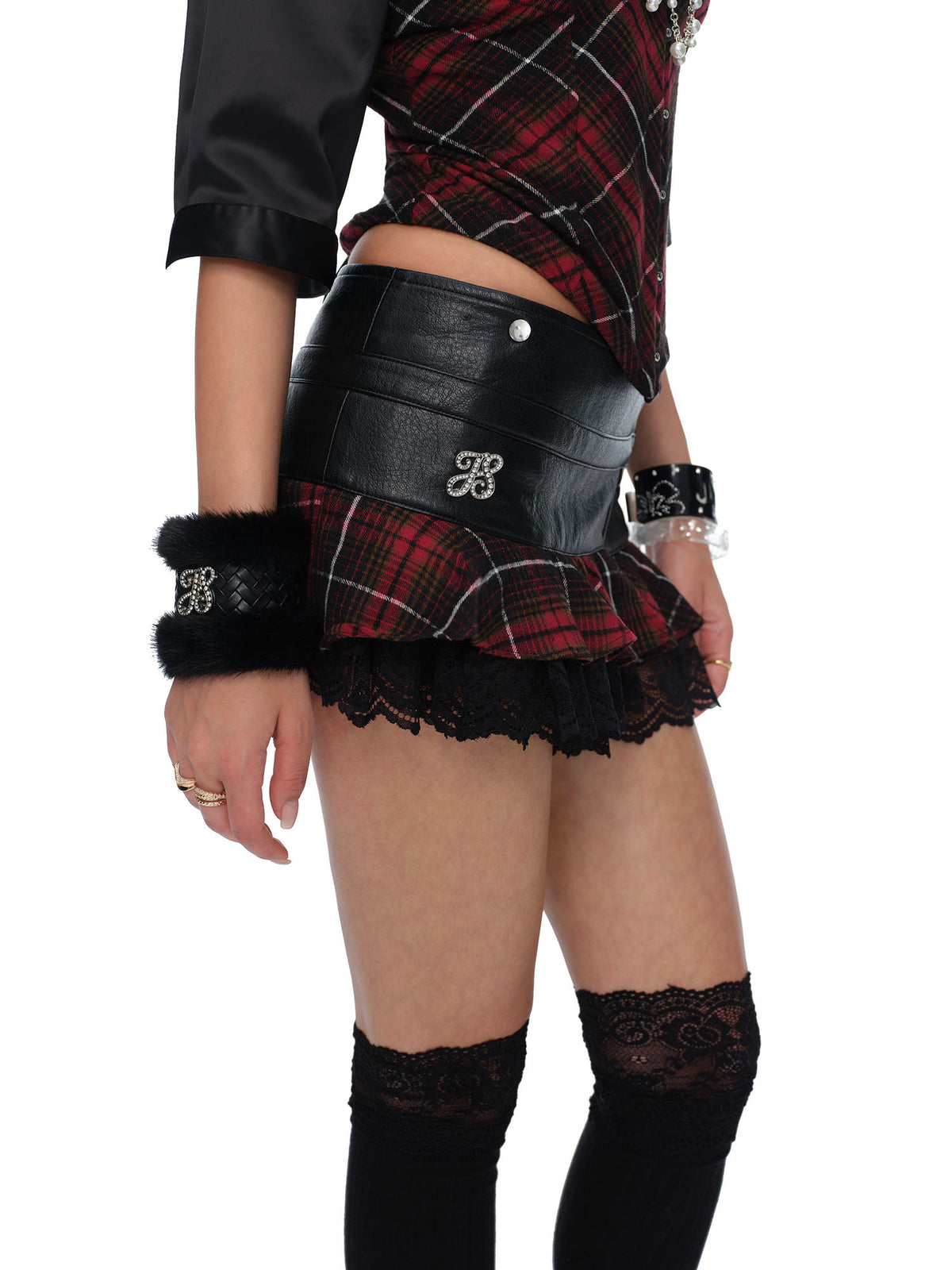 JYOSEI Faux Leather Lace Plaid Low-Rise Mini Skirt