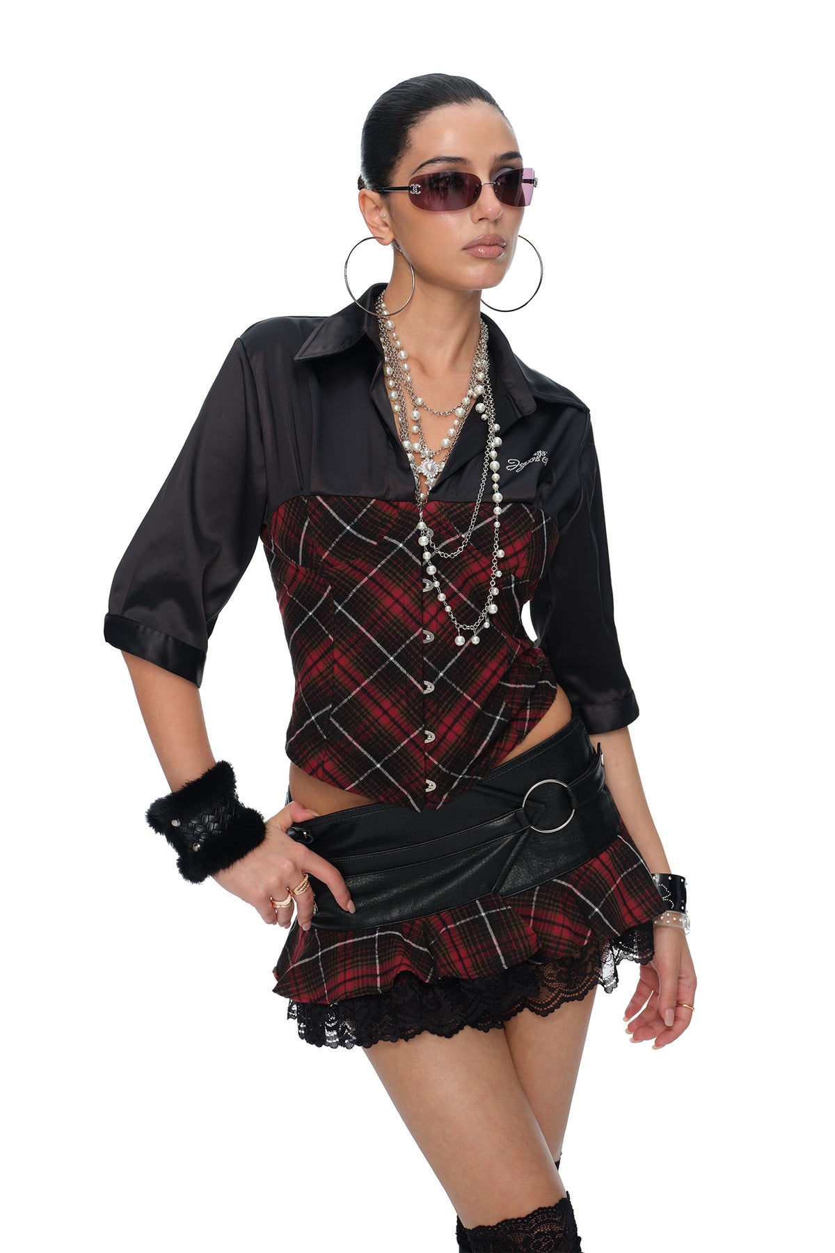 JYOSEI Plaid Lace-Up Waist Half-Shirt