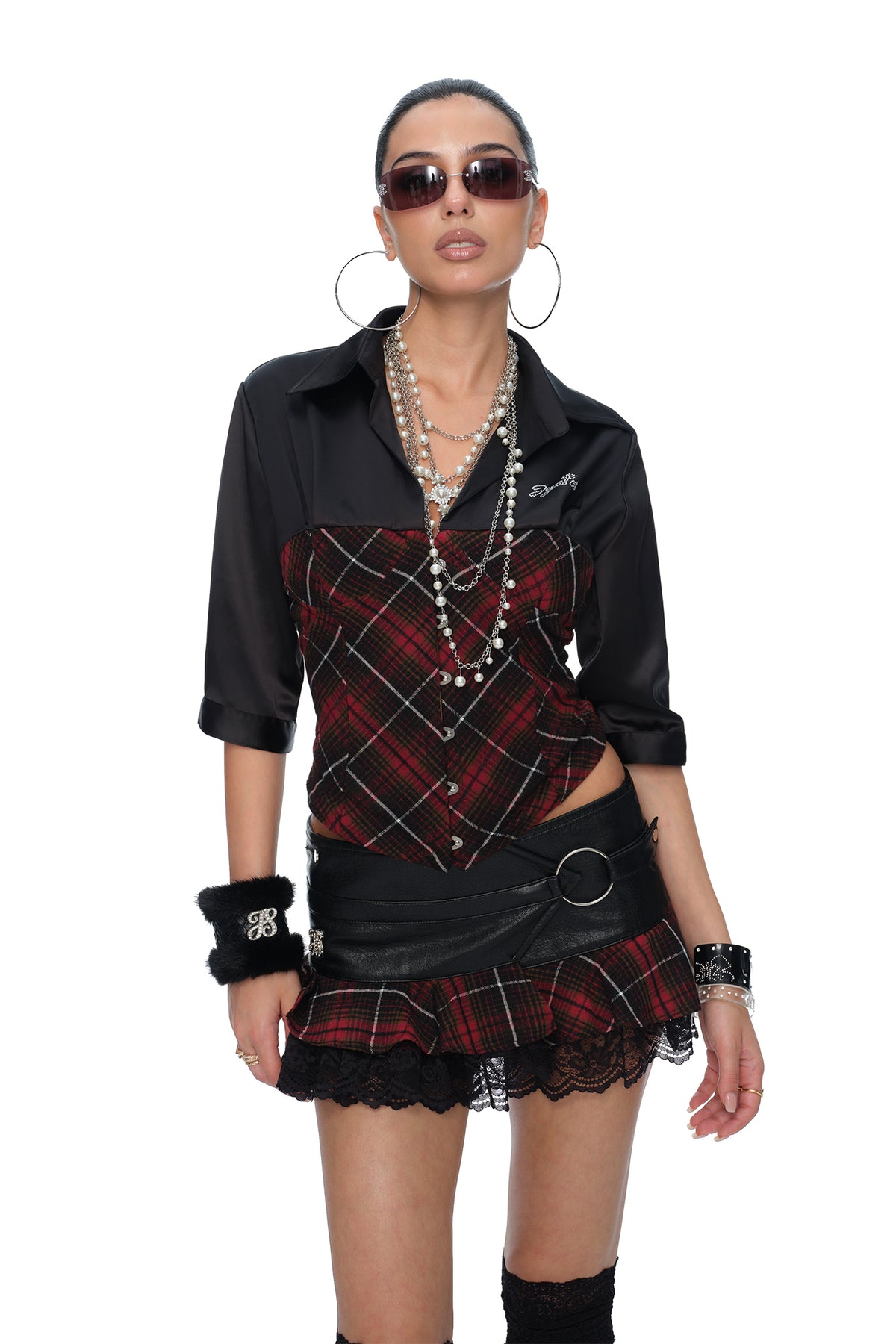 JYOSEI Plaid Lace-Up Waist Half-Shirt