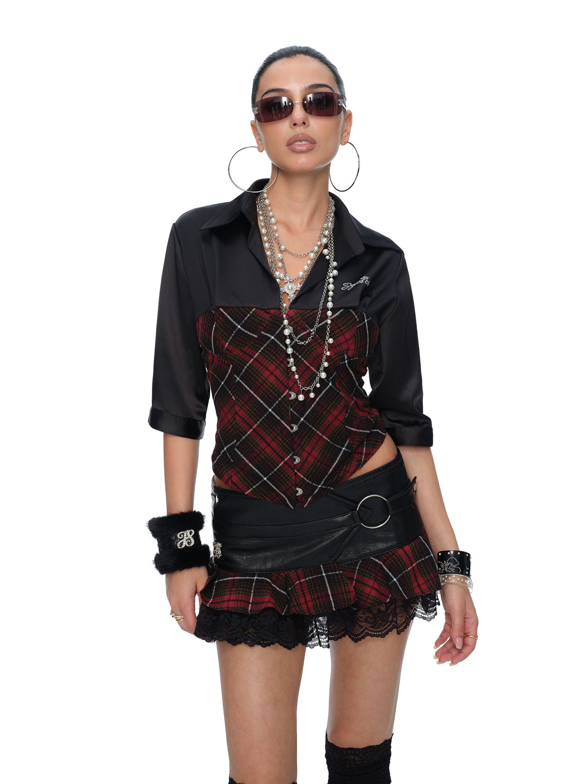 JYOSEI Faux Leather Lace Plaid Low-Rise Mini Skirt