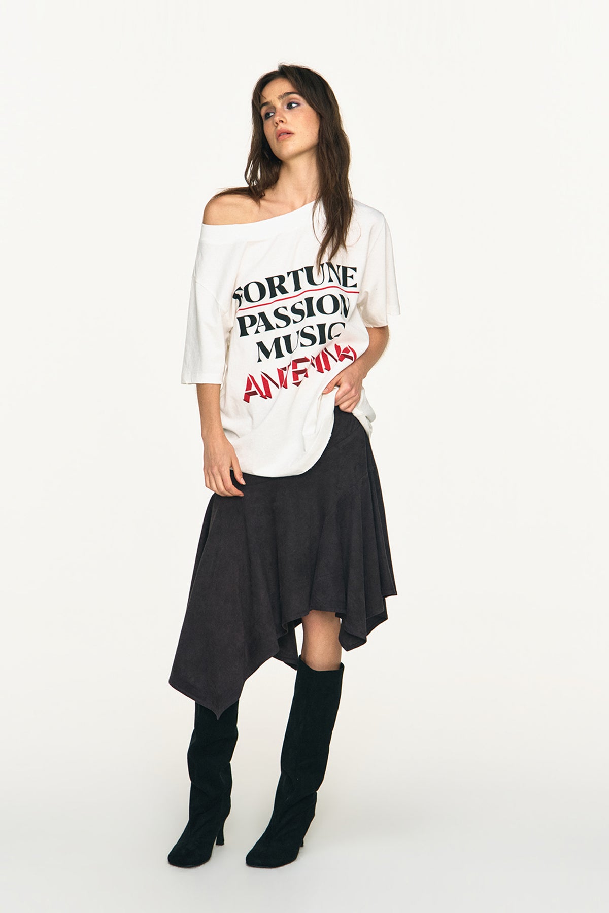 ANTENNA EFFECT Retro Asymmetrical Low-Rise Midi Skirt