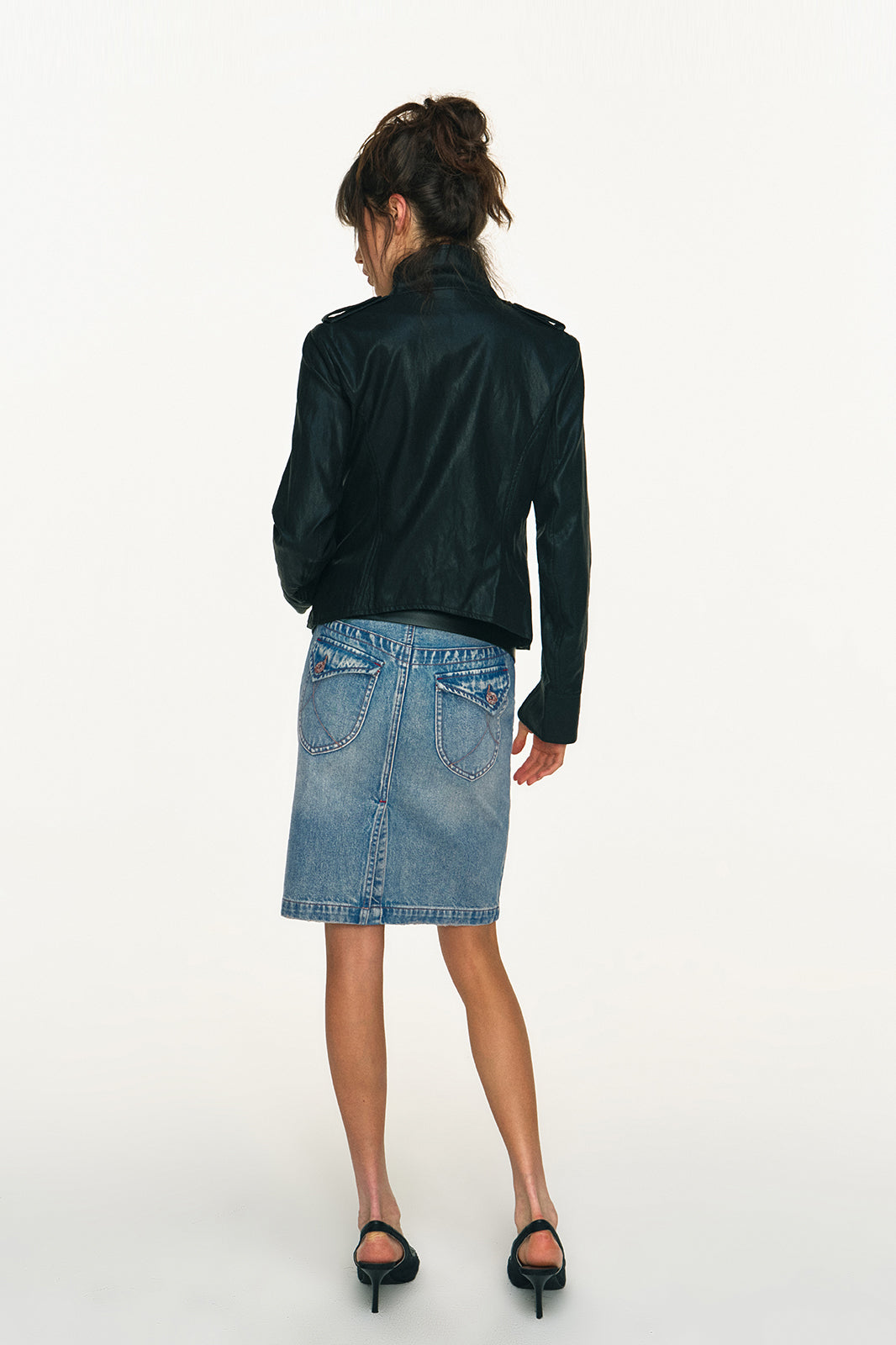 ANTENNA EFFECT Retro Double-Breasted Faux Leather Slim Jacket