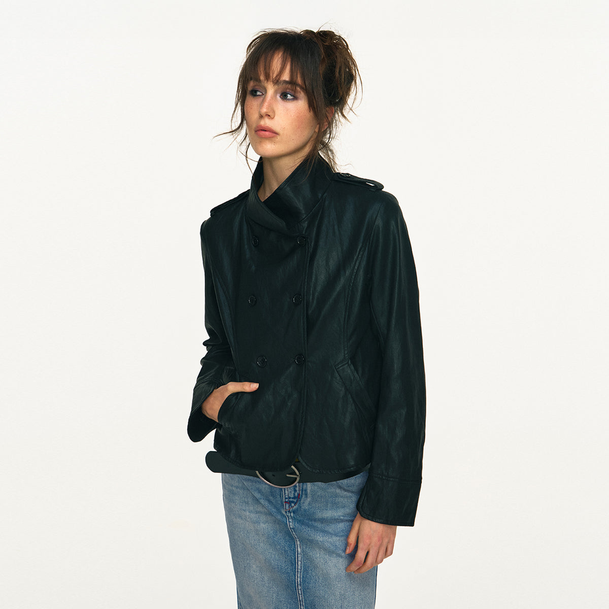ANTENNA EFFECT Retro Double-Breasted Faux Leather Slim Jacket