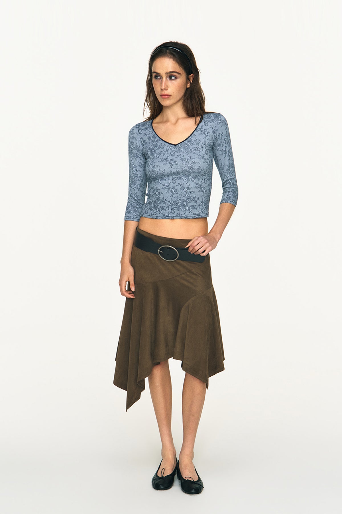 ANTENNA EFFECT Retro Asymmetrical Low-Rise Midi Skirt
